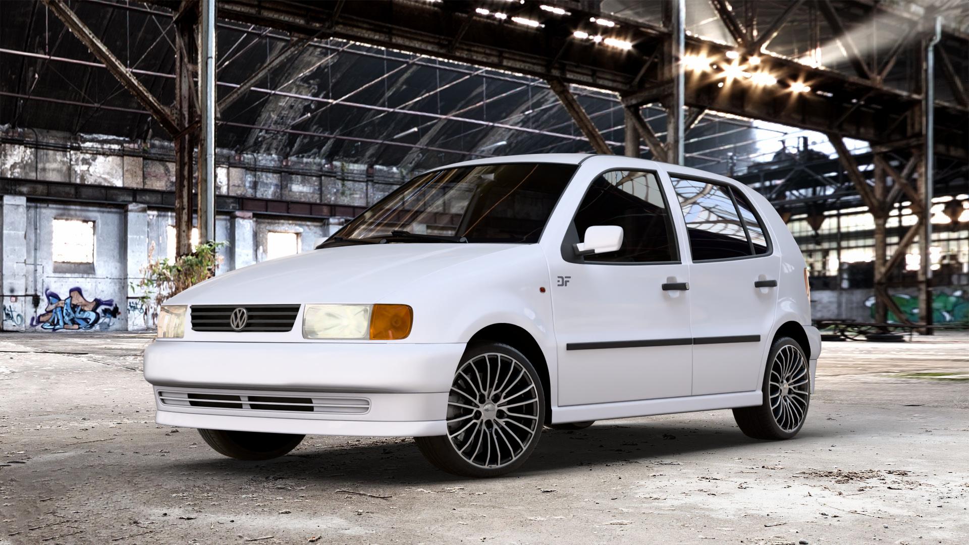Brock B24 schwarz front-poliert Felge mit Reifen silber mehrfarbig in 16Zoll Alufelge auf weissem Volkswagen (VW) Polo III Typ 6N Classic 6N2 Variant 6NF LKW ⬇️ mit 15mm Tieferlegung ⬇️ Old Industrial Hall_max_4400mm_2024 Frontansicht_1