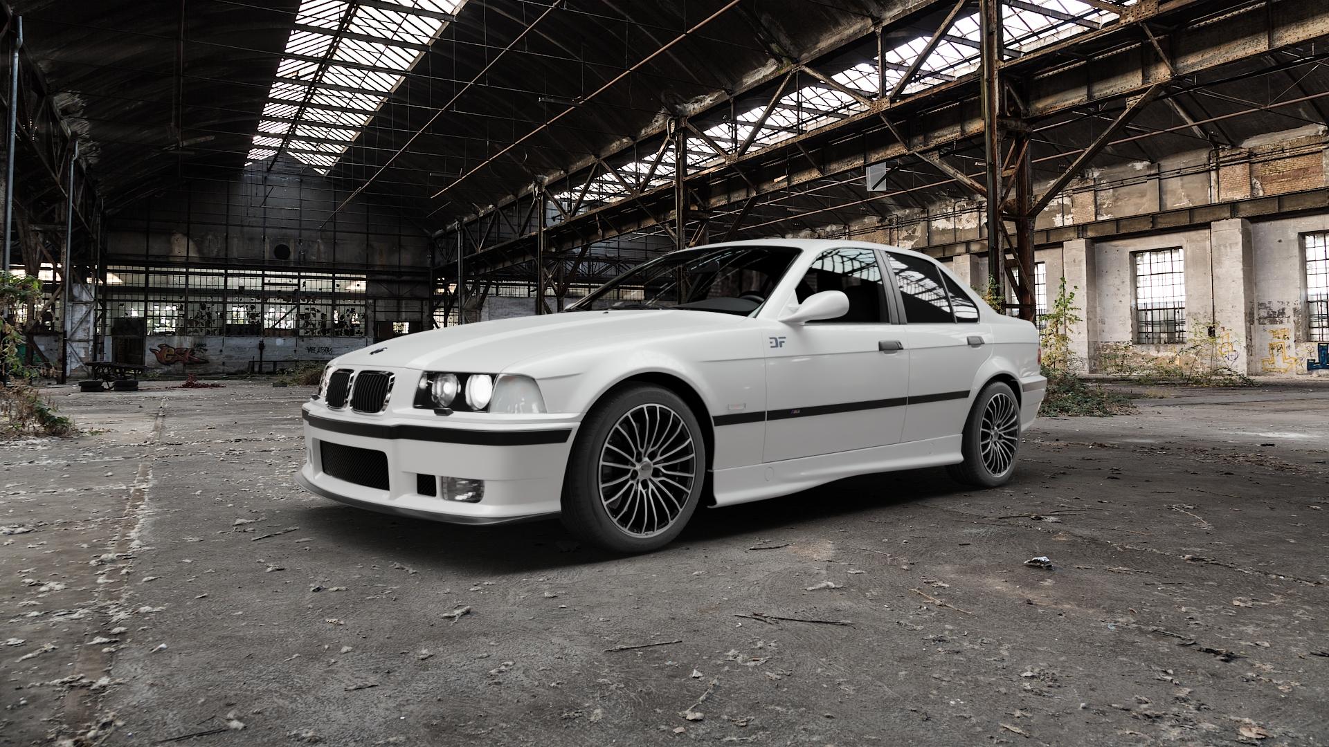 Brock B24 schwarz front-poliert Felge mit Reifen silber mehrfarbig in 17Zoll Alufelge auf weissem BMW M3 Typ E36 (Limousine) ⬇️ mit 15mm Tieferlegung ⬇️ Old Industrial Hall_max5000mm_2022 Frontansicht_1