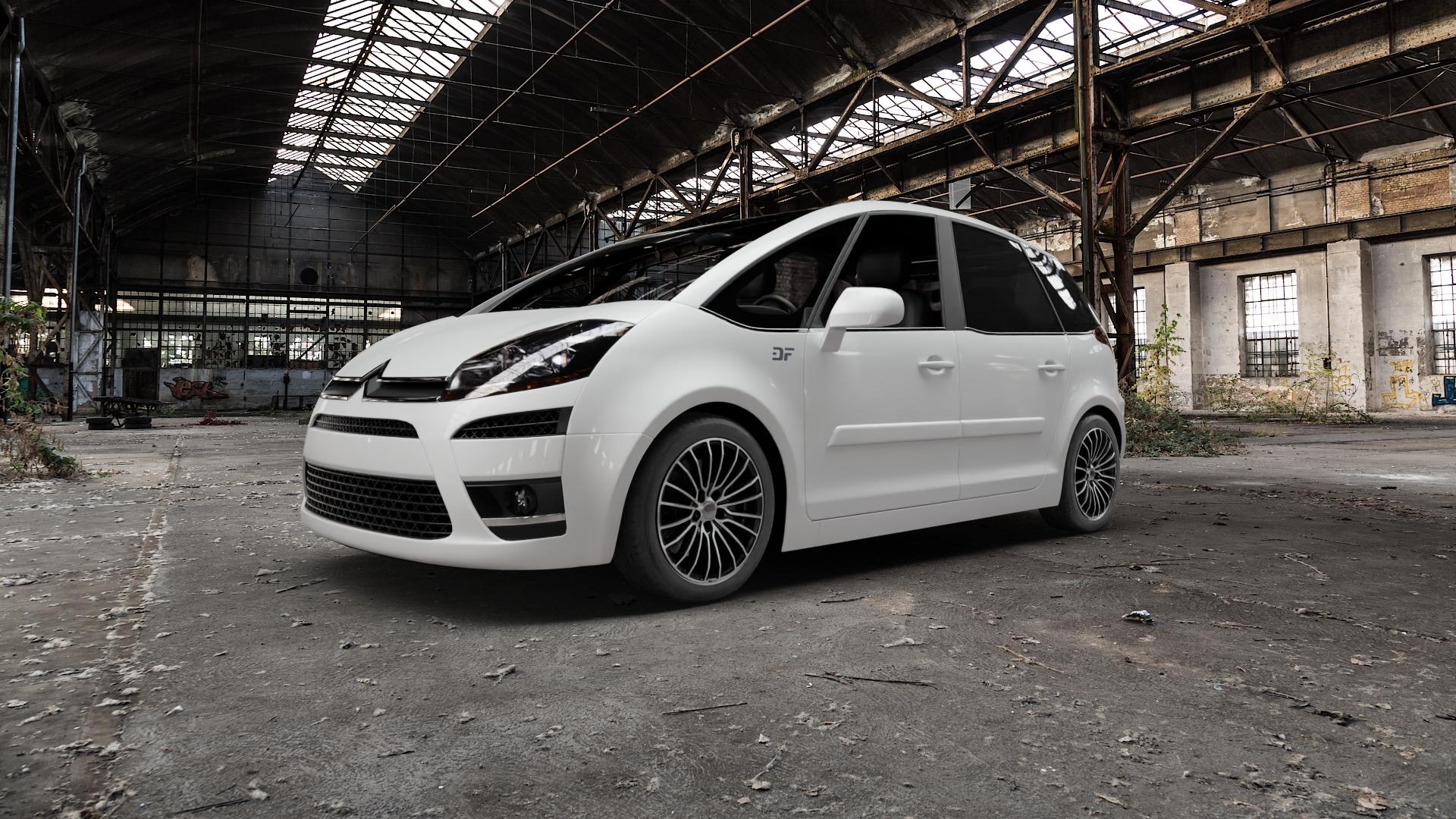 Brock B24 schwarz front-poliert Felge mit Reifen silber mehrfarbig in 17Zoll Alufelge auf weissem Citroen C4 Picasso I Typ U***** ⬇️ mit 15mm Tieferlegung ⬇️ Old Industrial Hall_max5000mm_2022 Frontansicht_1