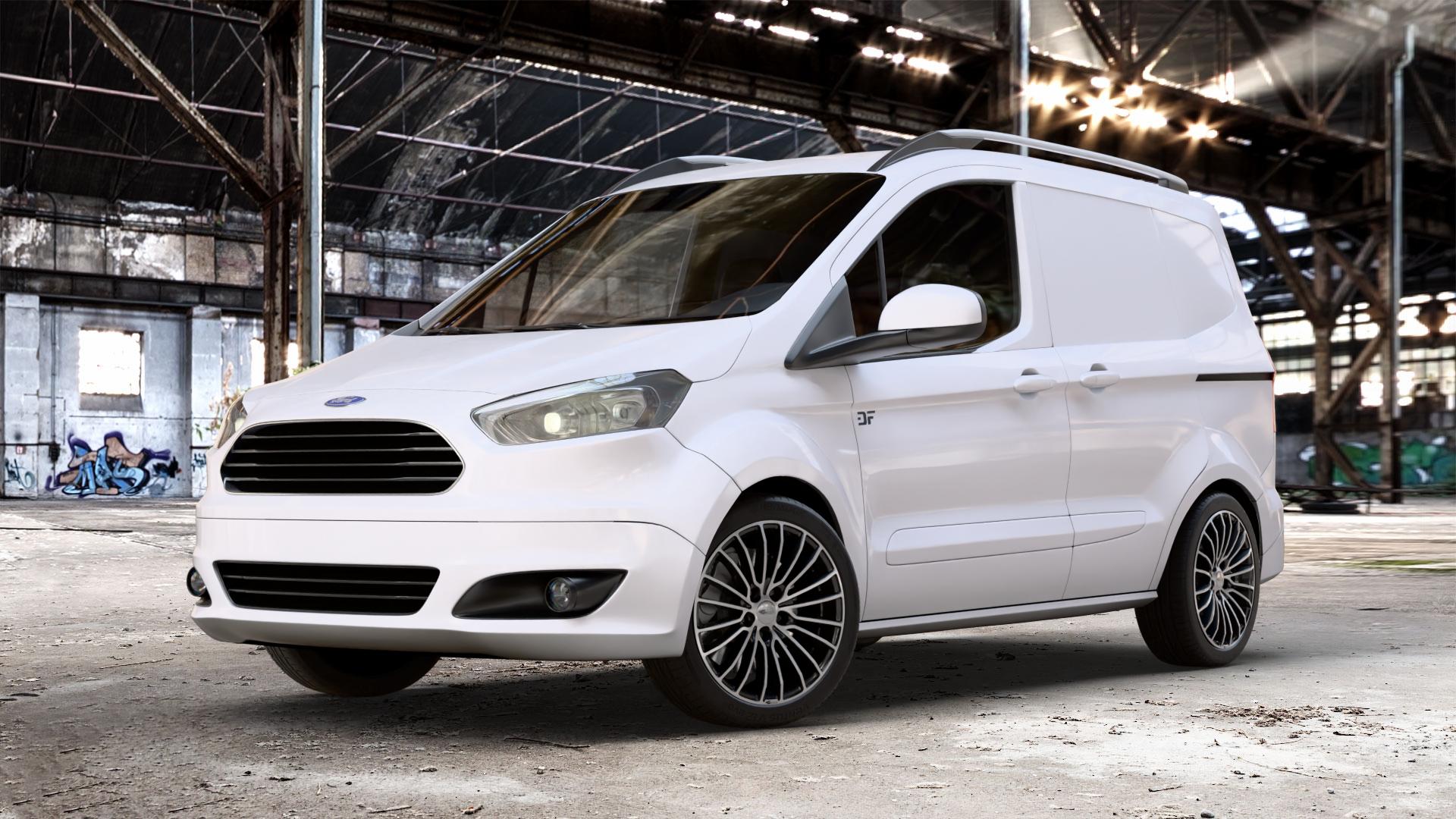 Brock B24 schwarz front-poliert Felge mit Reifen silber mehrfarbig in 17Zoll Alufelge auf weissem Ford Transit Courier Typ JN8 (14->) JU2 ⬇️ mit 15mm Tieferlegung ⬇️ Old Industrial Hall_max_4400mm_2024 Frontansicht_1