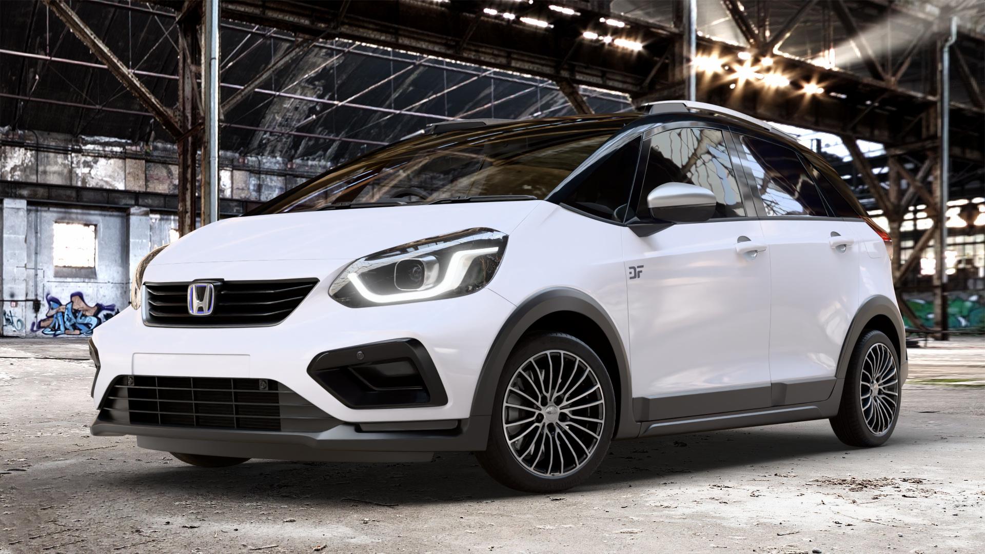 Brock B24 schwarz front-poliert Felge mit Reifen silber mehrfarbig in 17Zoll Alufelge auf weissem Honda Jazz V Crosstar (GR) Facelift ⬇️ mit 15mm Tieferlegung ⬇️ Old Industrial Hall_max_4400mm_2024 Frontansicht_1