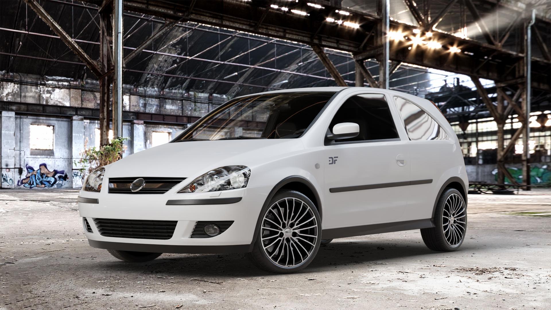 Brock B24 schwarz front-poliert Felge mit Reifen silber mehrfarbig in 17Zoll Alufelge auf weissem Opel Corsa C Typ CORSA-C ⬇️ mit 15mm Tieferlegung ⬇️ Old Industrial Hall_max_4400mm_2024 Frontansicht_1