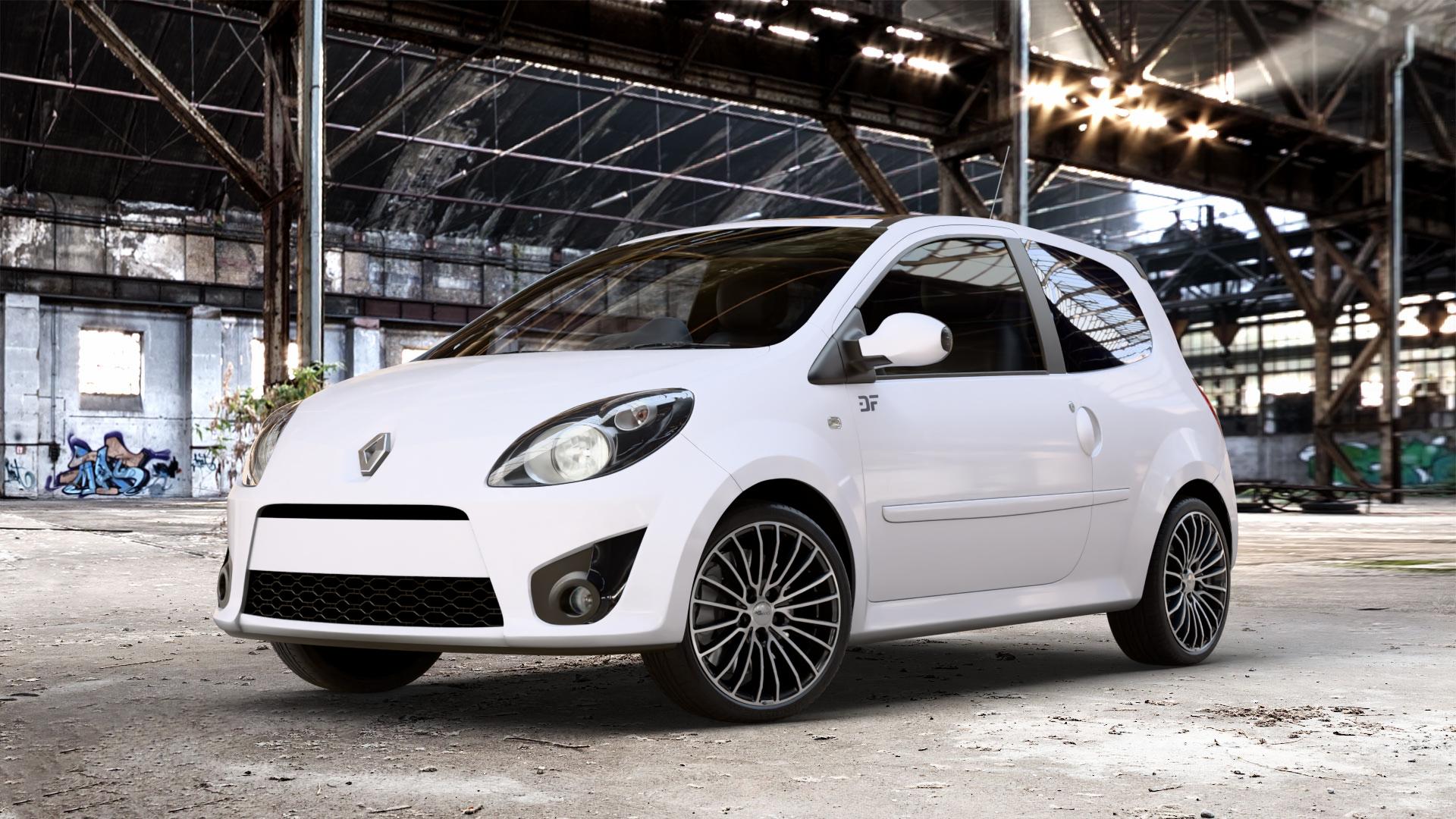 Brock B24 schwarz front-poliert Felge mit Reifen silber mehrfarbig in 17Zoll Alufelge auf weissem Renault Twingo II Typ CNO 1,2l 43kW (58 PS) 16V 56kW (76 Turbo 74kW (101 1,5l dCi 47kW (64 1,6l RS 98kW (133 55kW (75 62kW (84 63kW (86 ⬇️ mit 15mm Tieferlegung ⬇️ Old Industrial Hall_max_4400mm_2024 Frontansicht_1