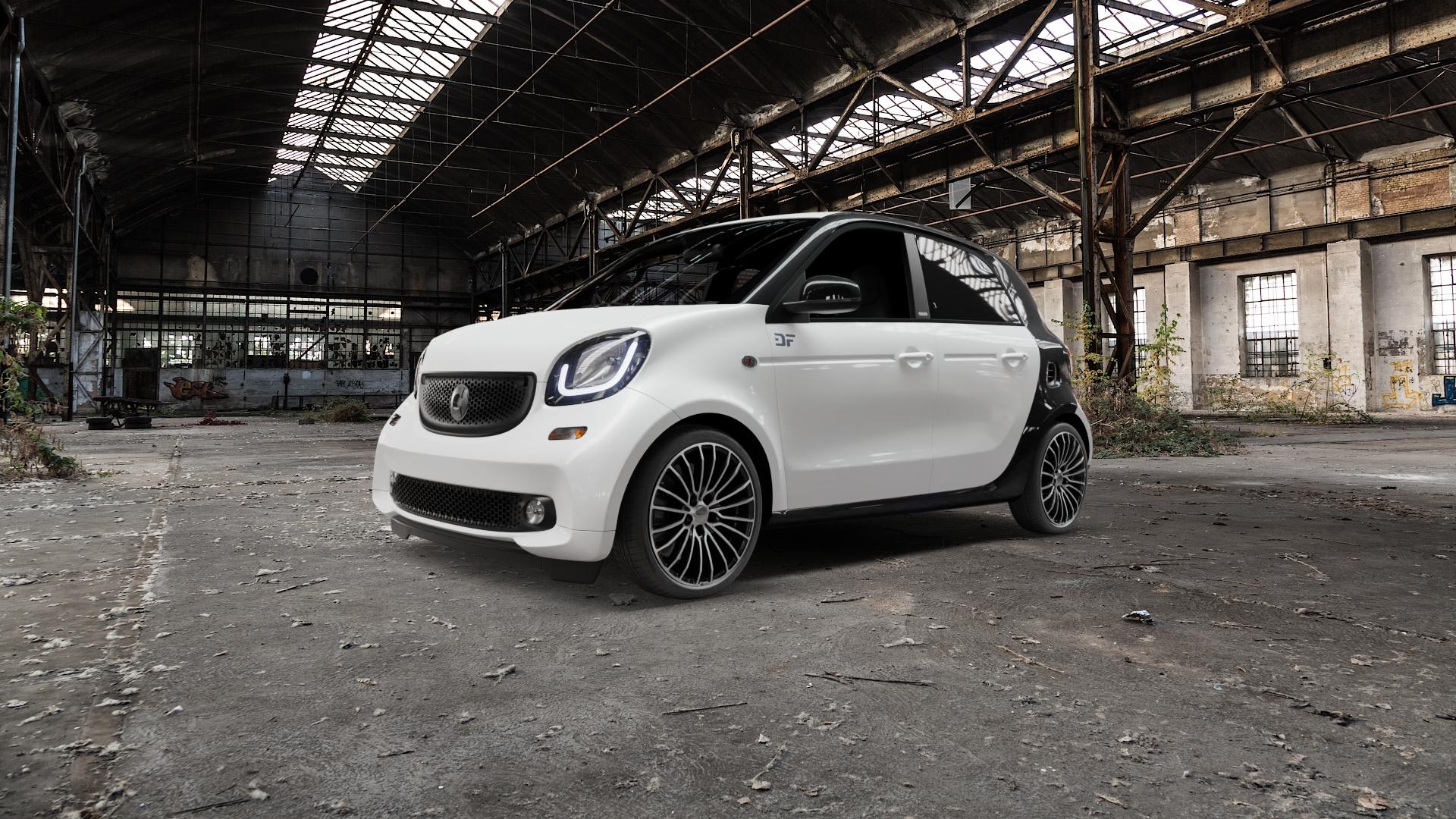 Brock B24 schwarz front-poliert Felge mit Reifen silber mehrfarbig in 17Zoll Alufelge auf weissem Smart Forfour II (453) ⬇️ mit 15mm Tieferlegung ⬇️ Old Industrial Hall_max5000mm_2022 Frontansicht_1