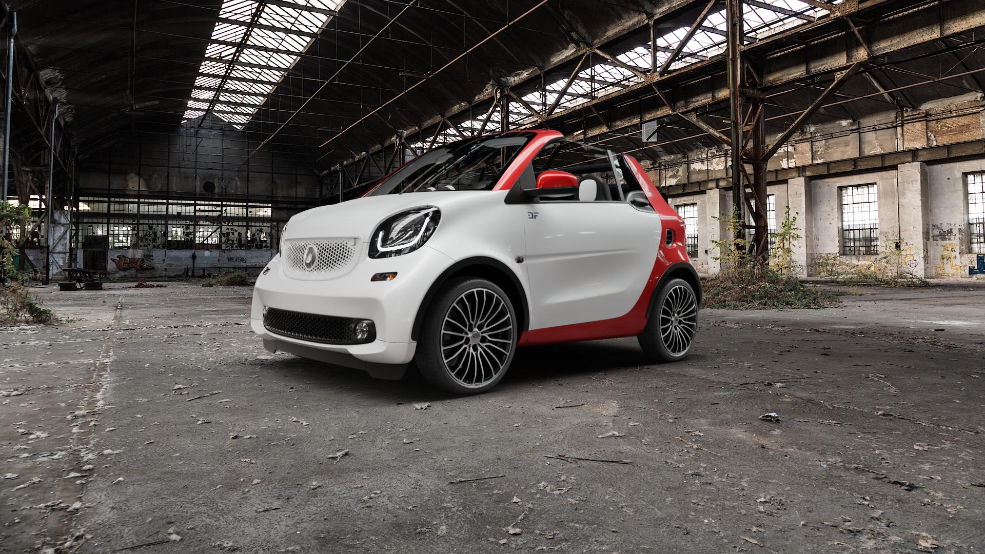 Brock B24 schwarz front-poliert Felge mit Reifen silber mehrfarbig in 17Zoll Alufelge auf weissem Smart Fortwo Cabrio III (16-) (453) ⬇️ mit 15mm Tieferlegung ⬇️ Old Industrial Hall_max5000mm_2022 Frontansicht_1