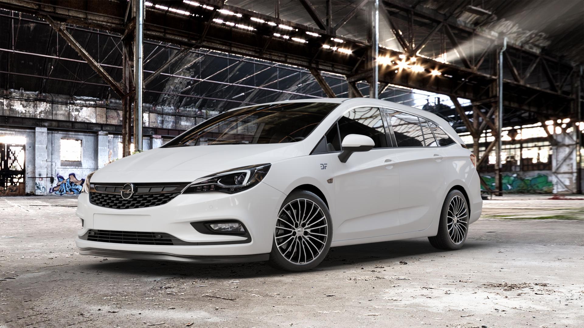 Brock B24 schwarz front-poliert Felge mit Reifen silber mehrfarbig in 18Zoll Alufelge auf weissem Opel Astra K Sports Tourer Typ B-K ⬇️ mit 15mm Tieferlegung ⬇️ Old Industrial Hall_max_5300mm_2024 Frontansicht_1