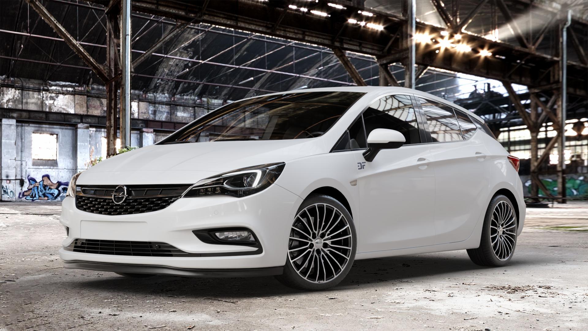 Brock B24 schwarz front-poliert Felge mit Reifen silber mehrfarbig in 18Zoll Alufelge auf weissem Opel Astra K Typ B-K ⬇️ mit 15mm Tieferlegung ⬇️ Old Industrial Hall_max_4400mm_2024 Frontansicht_1