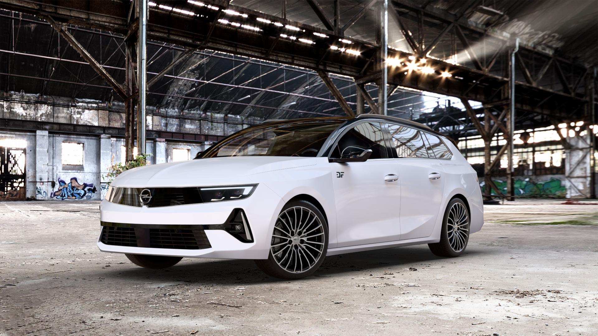 Brock B24 schwarz front-poliert Felge mit Reifen silber mehrfarbig in 18Zoll Alufelge auf weissem Opel Astra L Sports Tourer Typ F Facelift ⬇️ mit 15mm Tieferlegung ⬇️ Old Industrial Hall_max_5300mm_2024 Frontansicht_1