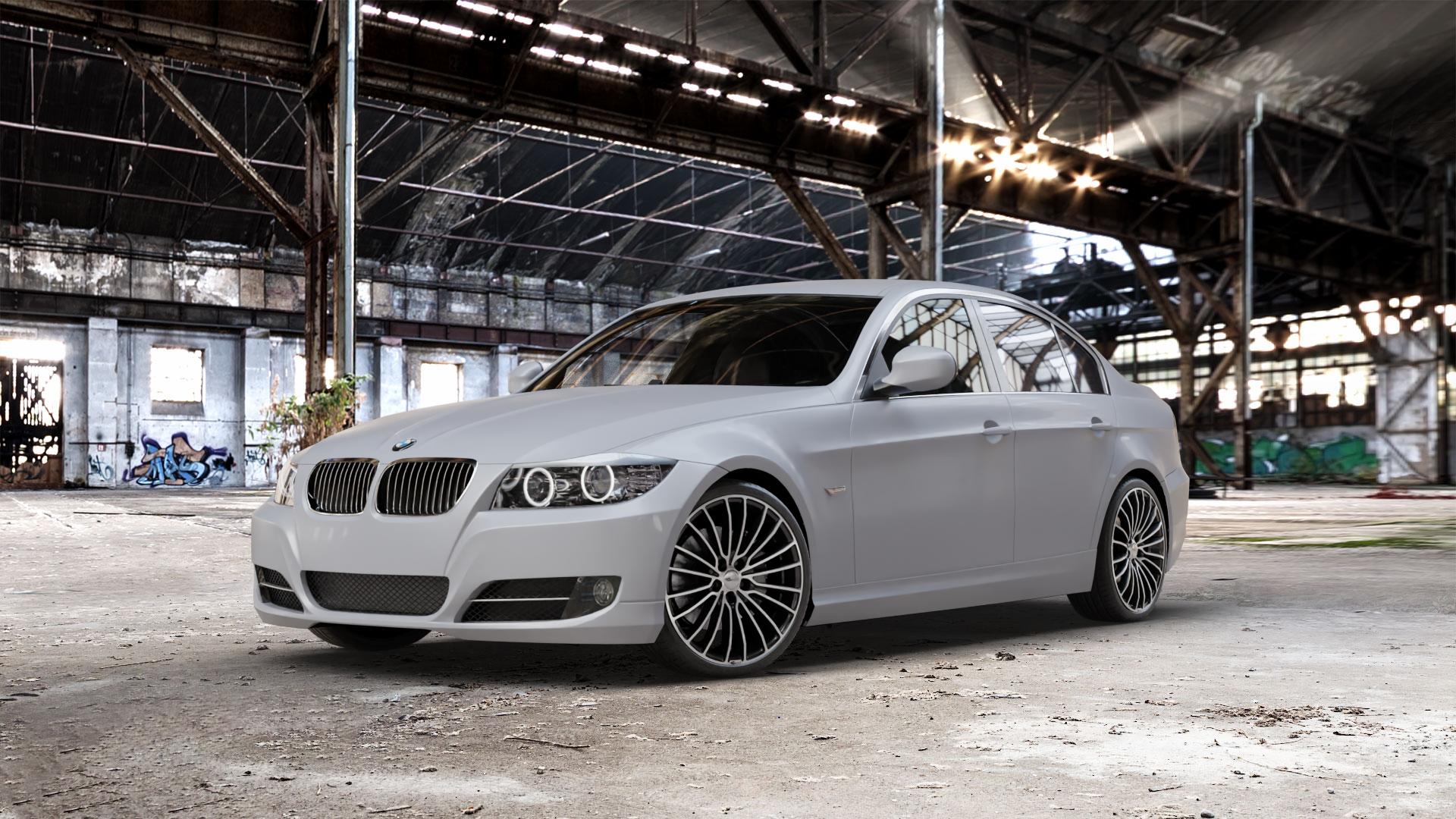 Brock B24 schwarz front-poliert Felge mit Reifen silber mehrfarbig in 19Zoll Alufelge auf weissem BMW 318i Typ E90 (Limousine) 320i 335i 335d 318d 320d 325i 330i 330d 316i 325xi 330xi 325d 330xd 320si M3 (M390) 320xd 316d 335xi 323i CRT 3er Limousine (390L, 3 ⬇️ mit 15mm Tieferlegung ⬇️ Old Industrial Hall_max_5300mm_2024 Frontansicht_1