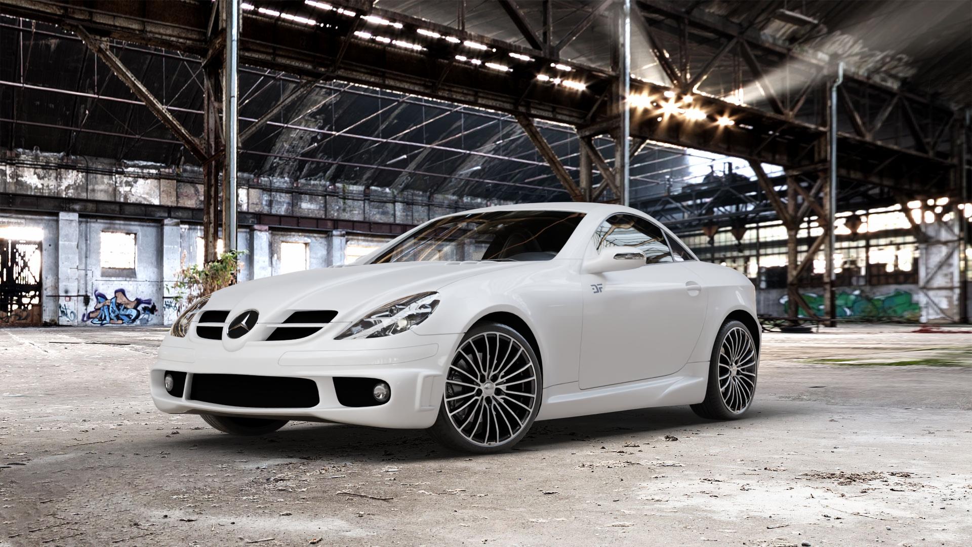 Brock B24 schwarz front-poliert Felge mit Reifen silber mehrfarbig in 19Zoll Alufelge auf weissem Mercedes SLK Typ R171 ⬇️ mit 15mm Tieferlegung ⬇️ Old Industrial Hall_max_5300mm_2024 Frontansicht_1