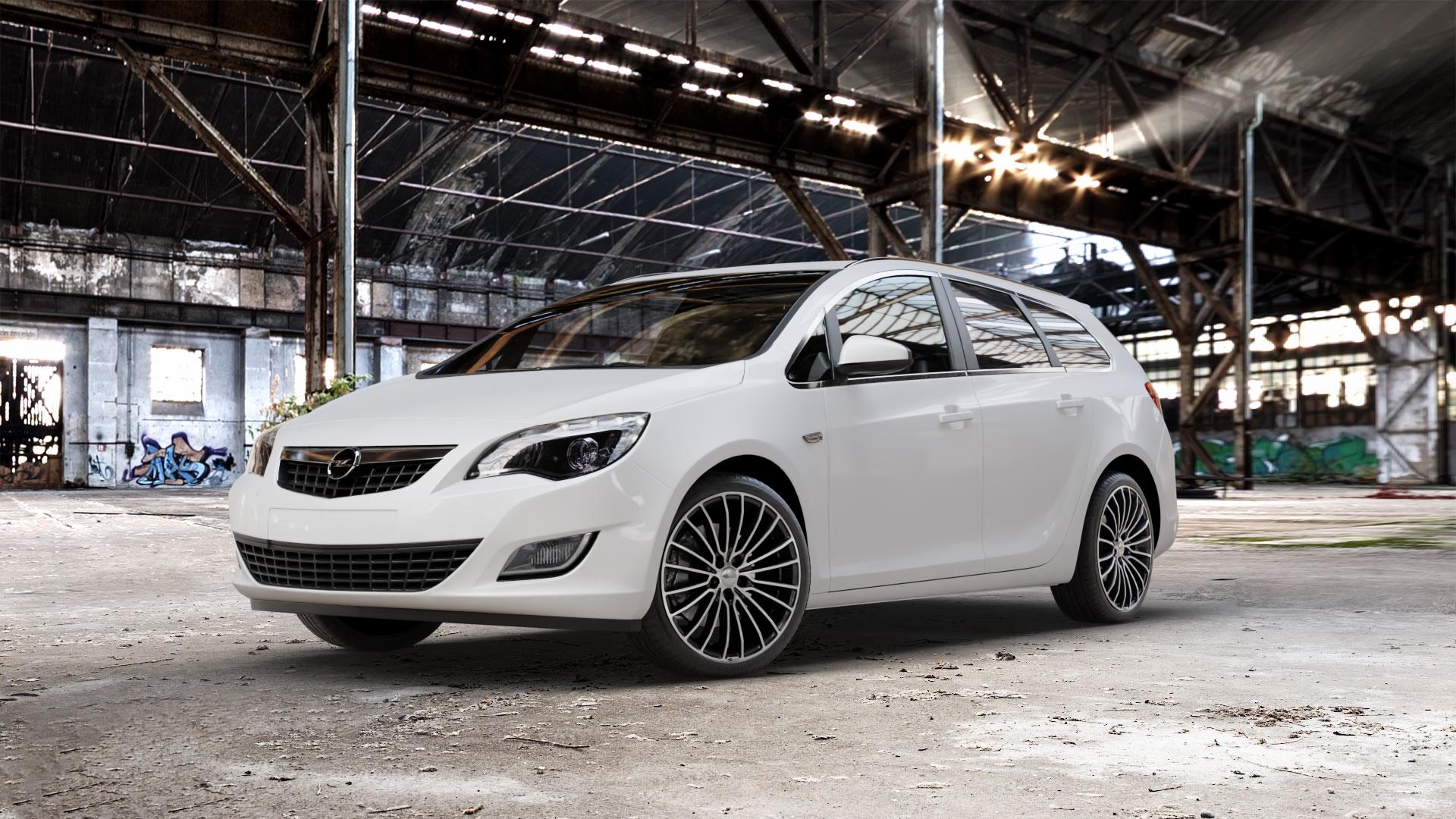Brock B24 schwarz front-poliert Felge mit Reifen silber mehrfarbig in 19Zoll Alufelge auf weissem Opel Astra J Sports Tourer Typ P-J/SW Facelift ⬇️ mit 15mm Tieferlegung ⬇️ Old Industrial Hall_max_5300mm_2024 Frontansicht_1