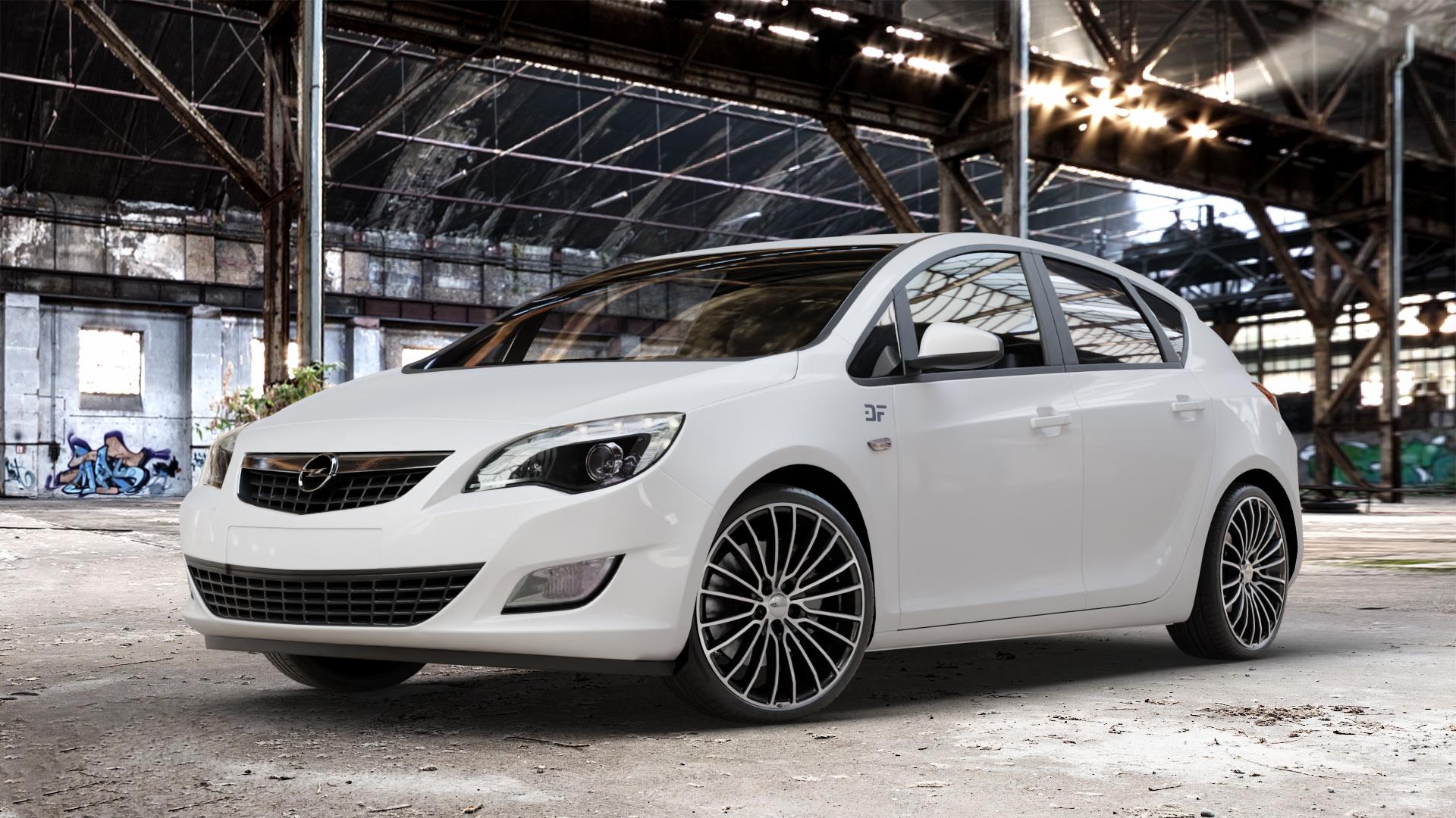 Brock B24 schwarz front-poliert Felge mit Reifen silber mehrfarbig in 19Zoll Alufelge auf weissem Opel Astra J Typ P-J Stufenheck ⬇️ mit 15mm Tieferlegung ⬇️ Old Industrial Hall_max_4400mm_2024 Frontansicht_1