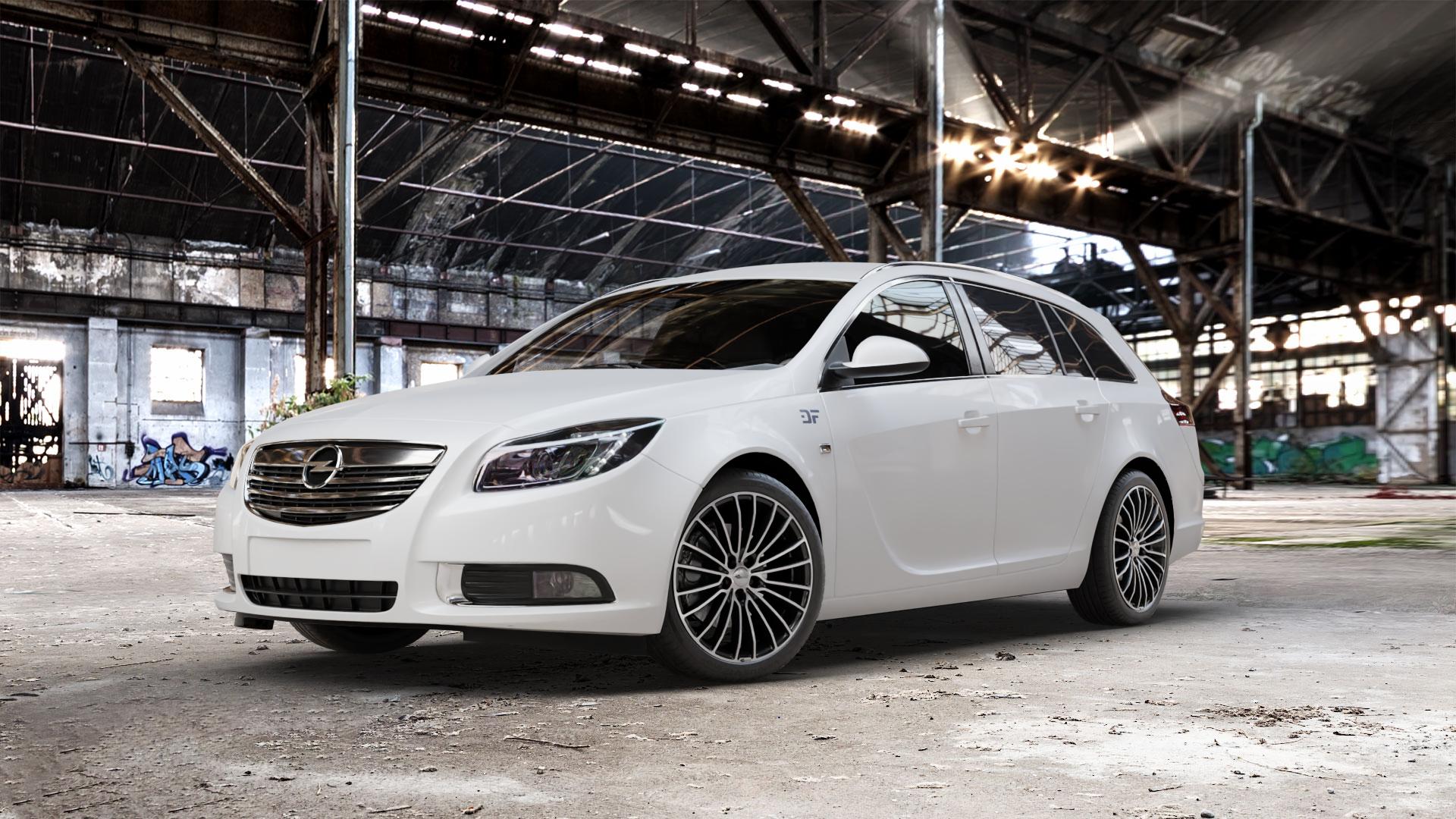 Brock B24 schwarz front-poliert Felge mit Reifen silber mehrfarbig in 19Zoll Alufelge auf weissem Opel Insignia I Sports Tourer Facelift ⬇️ mit 15mm Tieferlegung ⬇️ Old Industrial Hall_max_5300mm_2024 Frontansicht_1