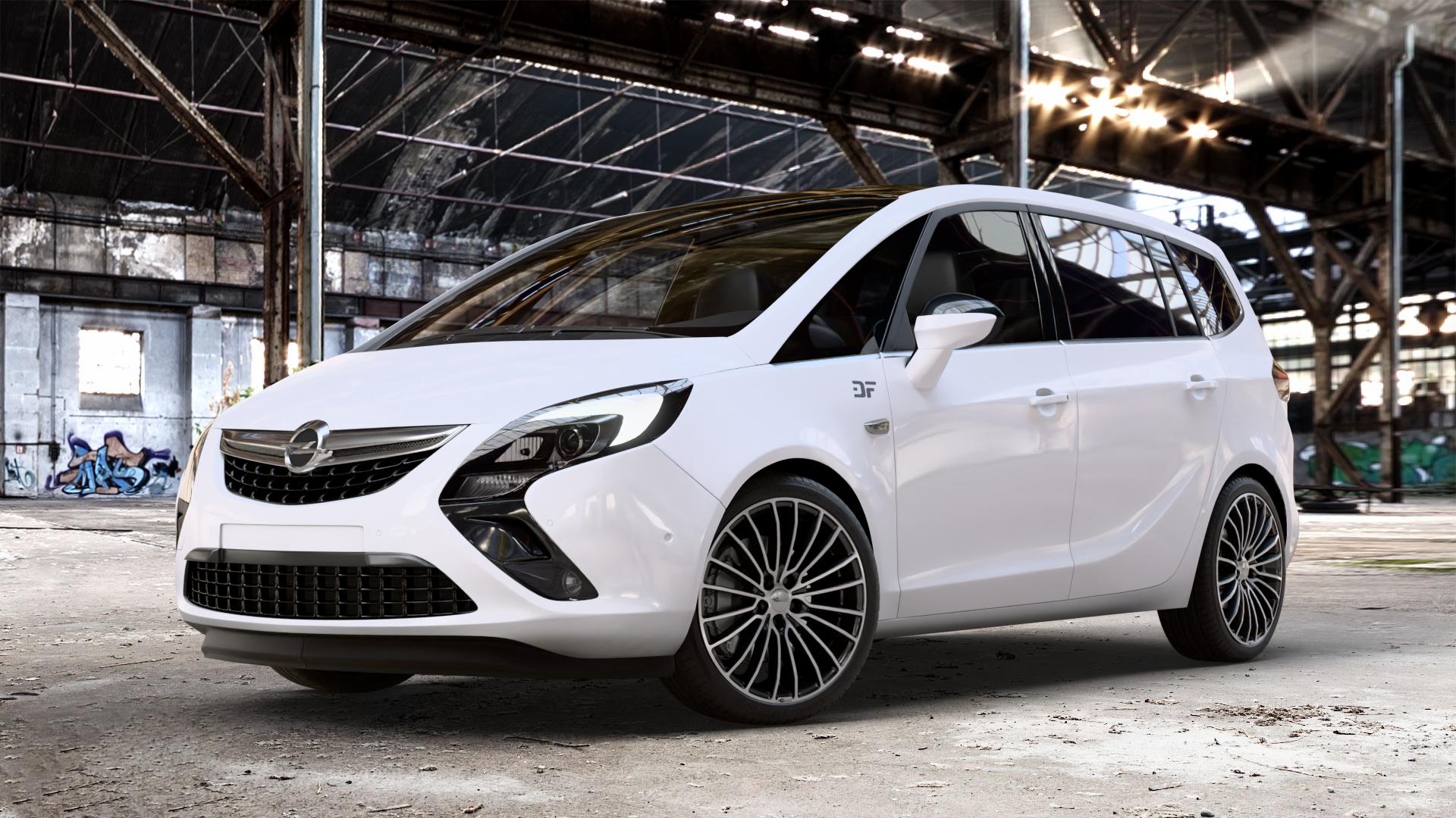 Brock B24 schwarz front-poliert Felge mit Reifen silber mehrfarbig in 19Zoll Alufelge auf weissem Opel Zafira C Tourer ⬇️ mit 15mm Tieferlegung ⬇️ Old Industrial Hall_max_4400mm_2024 Frontansicht_1
