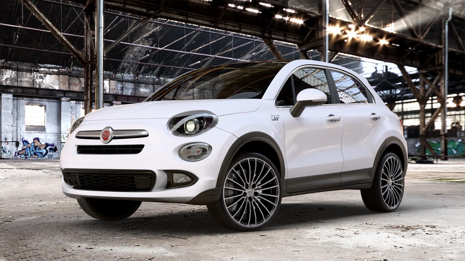 Brock B24 schwarz front-poliert Felge mit Reifen silber mehrfarbig in 20Zoll Alufelge auf weissem Fiat 500 X City Off-Road Typ 334 Facelift ⬇️ mit 15mm Tieferlegung ⬇️ Old Industrial Hall_max_4400mm_2024 Frontansicht_1