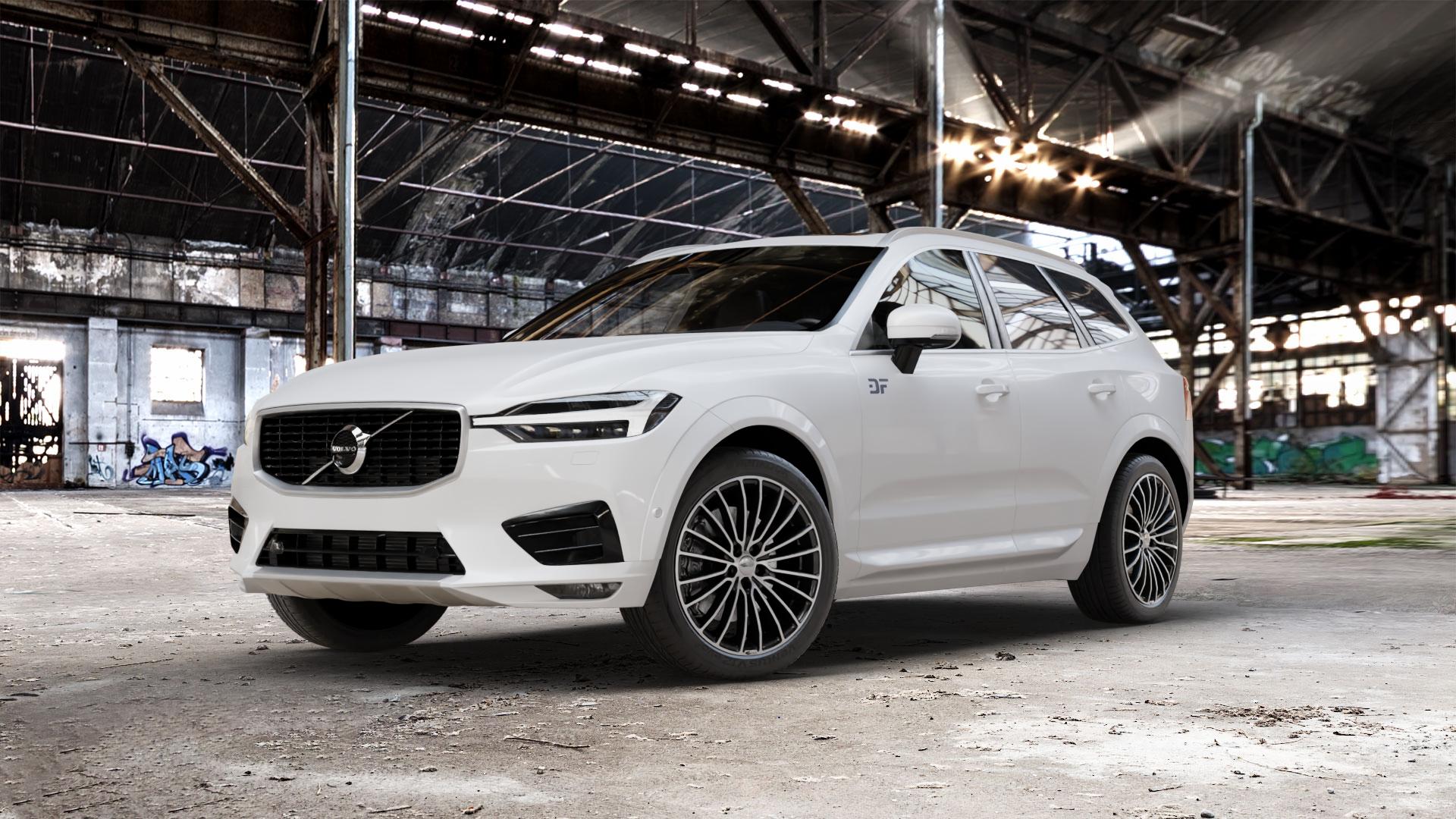 Brock B24 schwarz front-poliert Felge mit Reifen silber mehrfarbig in 20Zoll Alufelge auf weissem Volvo XC60 Typ U ⬇️ mit 15mm Tieferlegung ⬇️ Old Industrial Hall_max_5300mm_2024 Frontansicht_1