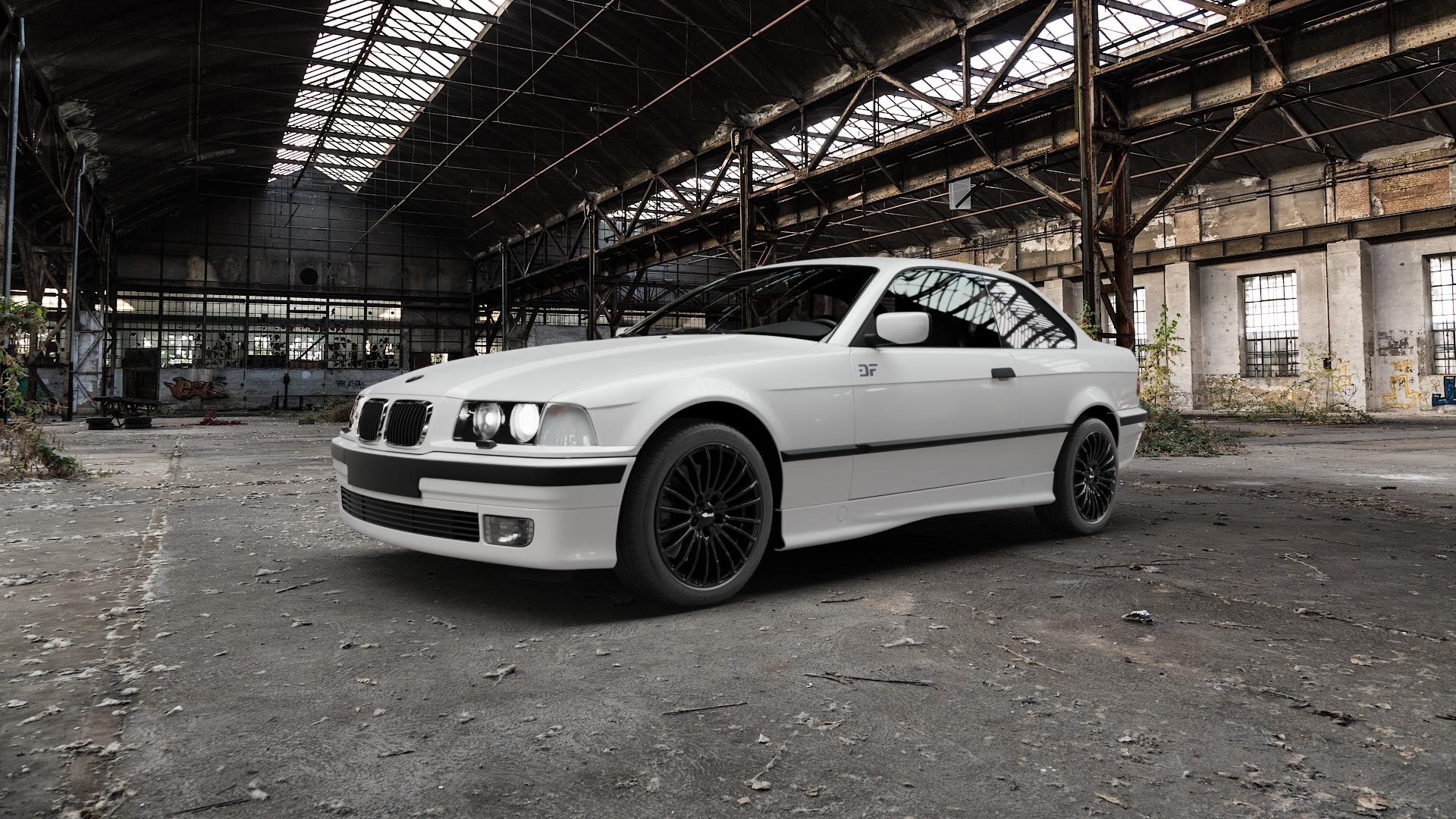 Brock B24 schwarz lackiert Felge mit Reifen in 17Zoll Winterfelge Alufelge auf weissem BMW 316i Typ E36 (Compact) 318ti 323ti 318tds (Coupé) 320i 323i 325i 328i 318is 3er Coupé (3/B) Compact (3C, 3/CG) 8er E31 (8/E, M8/E) ⬇️ mit 15mm Tieferlegung ⬇️ Old Industrial Hall_max5000mm_2022 Frontansicht_1