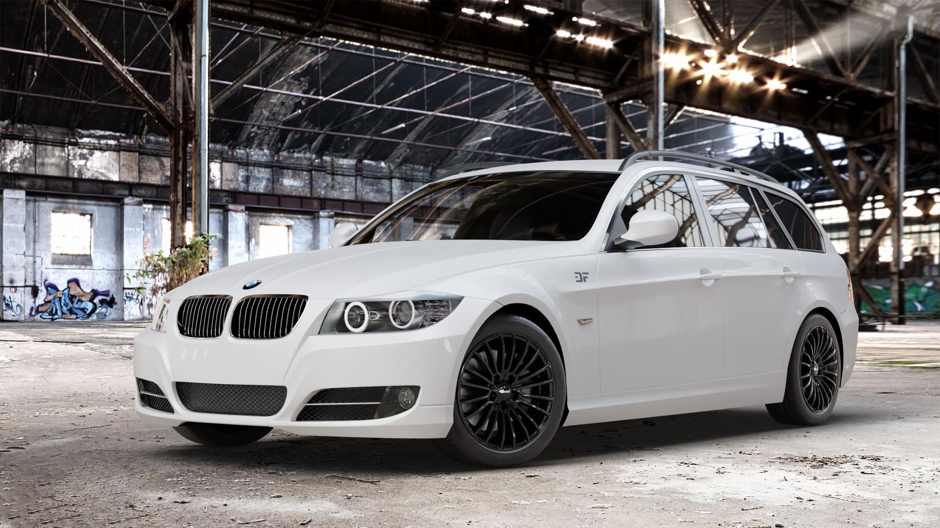Brock B24 schwarz lackiert Felge mit Reifen in 17Zoll Winterfelge Alufelge auf weissem BMW 318i Typ E91 (Touring) 320i 325i 330i 320d 330d 318d 325xi 330xi 335i 335d 325d 330xd 335xi 320xd 316d 316i 3er Touring (390L, 390X, 3K, 3K-N1) ⬇️ mit 15mm Tieferlegung ⬇️ Old Industrial Hall_max_4400mm_2024 Frontansicht_1