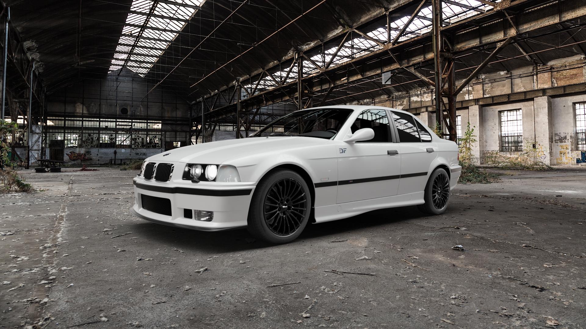 Brock B24 schwarz lackiert Felge mit Reifen in 17Zoll Winterfelge Alufelge auf weissem BMW M3 Typ E36 (Limousine) ⬇️ mit 15mm Tieferlegung ⬇️ Old Industrial Hall_max5000mm_2022 Frontansicht_1