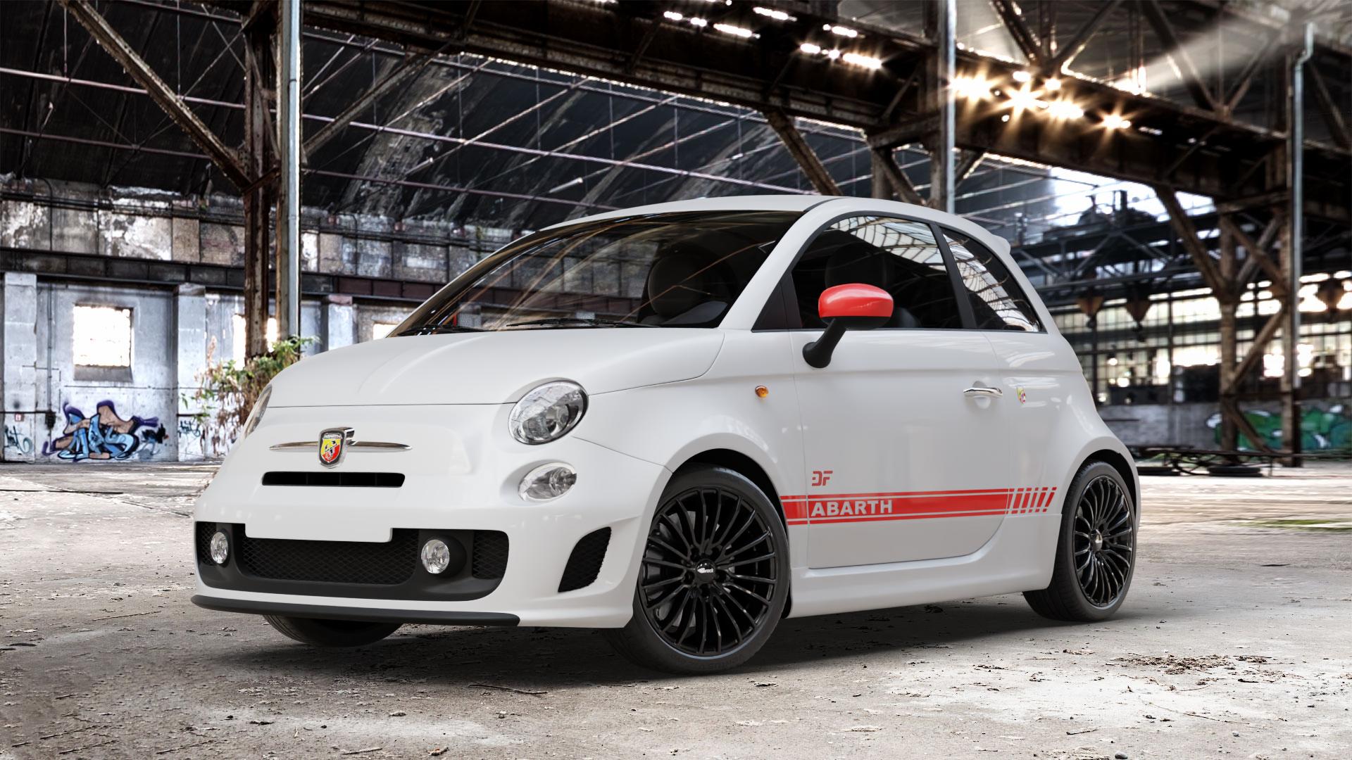 Brock B24 schwarz lackiert Felge mit Reifen in 17Zoll Winterfelge Alufelge auf weissem Fiat 500 Typ 312 1,4l Abarth 16V 99kW (135 PS) 118kW (160 132kW (179 103kW (140 695 Biposto 139kW (189 Facelift 595 107kW (145 120kW (163 Turismo 121kW (165 Comp ⬇️ mit 15mm Tieferlegung ⬇️ Old Industrial Hall_max_4400mm_2024 Frontansicht_1