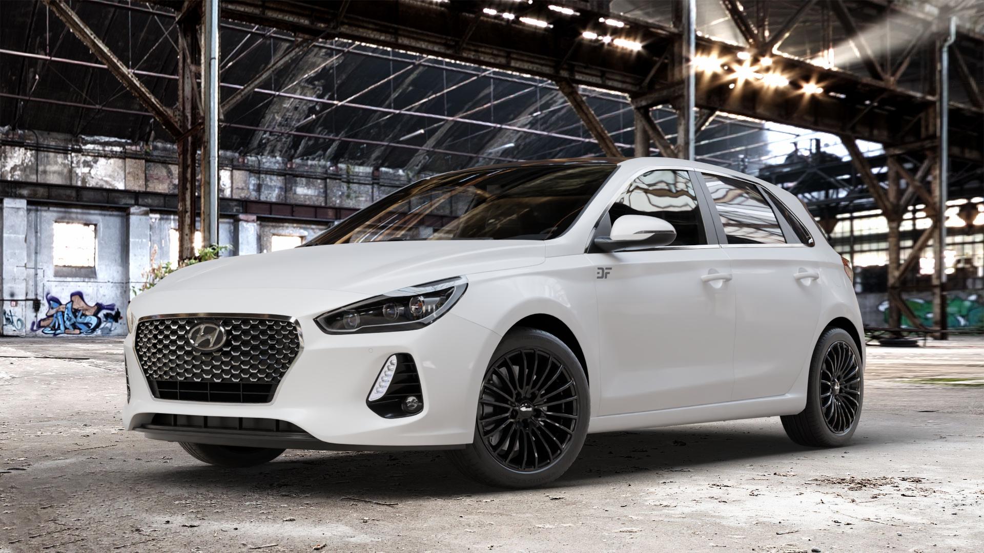 Brock B24 schwarz lackiert Felge mit Reifen in 17Zoll Winterfelge Alufelge auf weissem Hyundai i30 Typ PDE 1,0l T-GDI 88kW (120 PS) 1,4l MPI 73kW (99 103kW (140 1,6l CRDi 70kW (95 81kW (110 100kW (136 85kW (116 ⬇️ mit 15mm Tieferlegung ⬇️ Old Industrial Hall_max_4400mm_2024 Frontansicht_1