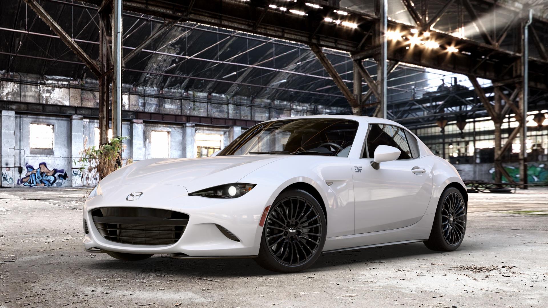 Brock B24 schwarz lackiert Felge mit Reifen in 17Zoll Winterfelge Alufelge auf weissem Mazda MX-5 IV RF (ND) ⬇️ mit 15mm Tieferlegung ⬇️ Old Industrial Hall_max_4400mm_2024 Frontansicht_1