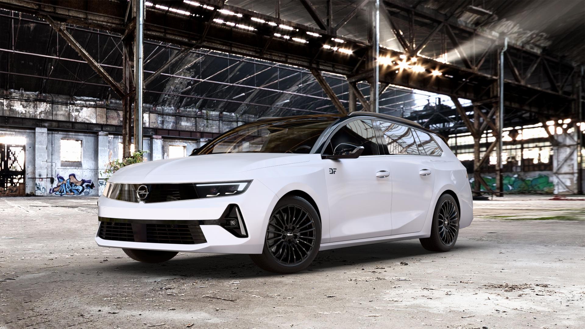 Brock B24 schwarz lackiert Felge mit Reifen in 17Zoll Winterfelge Alufelge auf weissem Opel Astra L Sports Tourer Typ F Facelift ⬇️ mit 15mm Tieferlegung ⬇️ Old Industrial Hall_max_5300mm_2024 Frontansicht_1