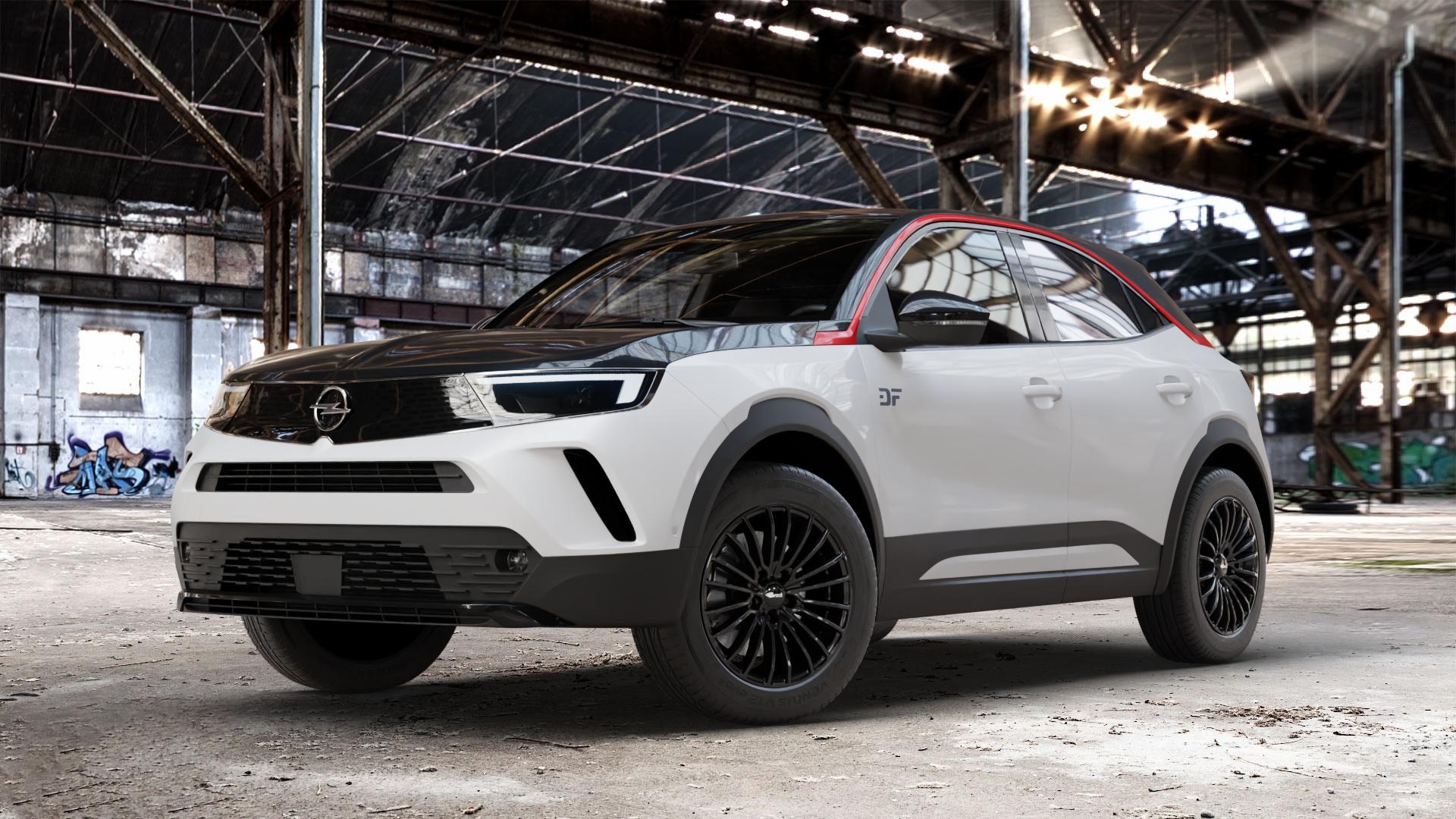 Brock B24 schwarz lackiert Felge mit Reifen in 17Zoll Winterfelge Alufelge auf weissem Opel Mokka Typ U 1,2l Turbo 74kW (101 PS) 96kW (131 1,5l D 81kW (110 ⬇️ mit 15mm Tieferlegung ⬇️ Old Industrial Hall_max_4400mm_2024 Frontansicht_1
