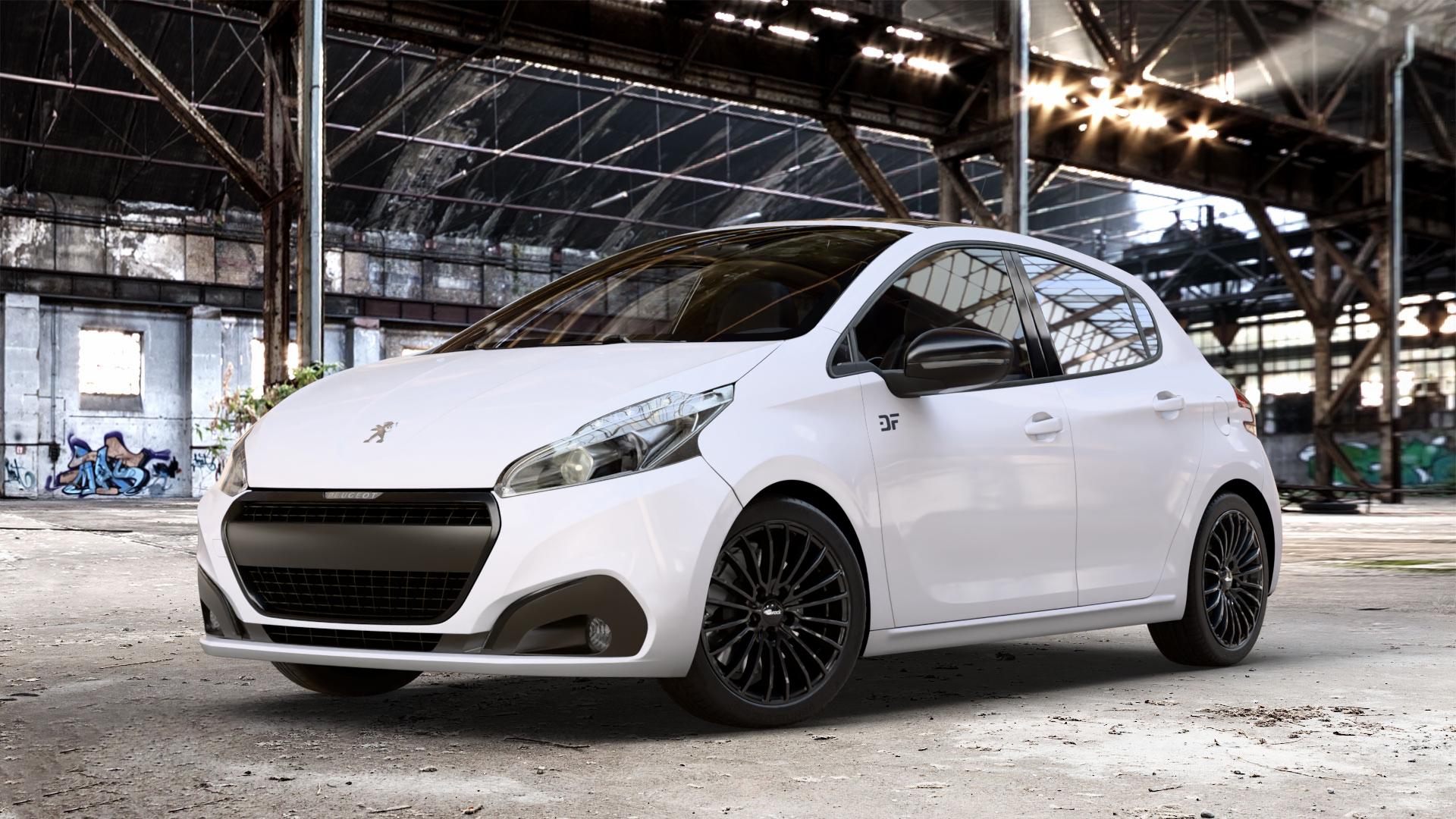 Brock B24 schwarz lackiert Felge mit Reifen in 17Zoll Winterfelge Alufelge auf weissem Peugeot 208 Typ C Facelift ⬇️ mit 15mm Tieferlegung ⬇️ Old Industrial Hall_max_4400mm_2024 Frontansicht_1