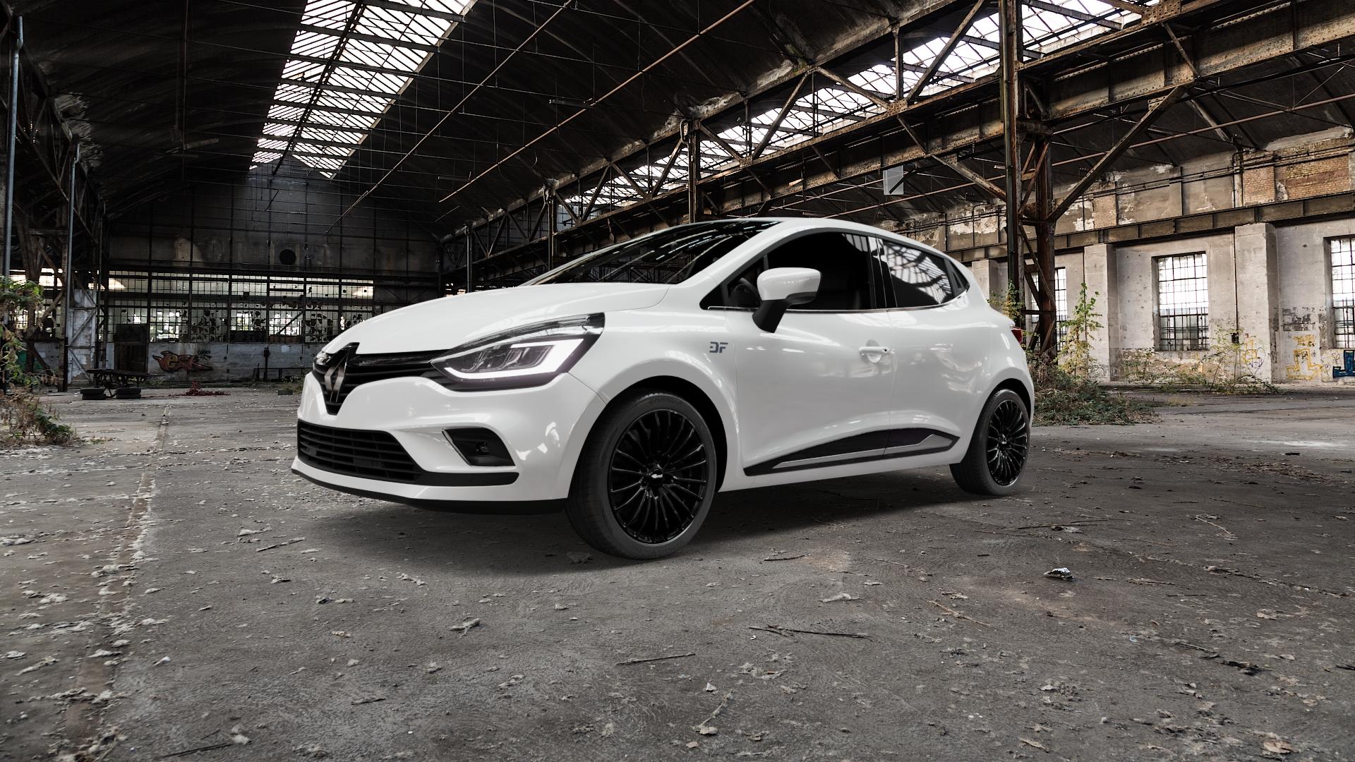 Brock B24 schwarz lackiert Felge mit Reifen in 17Zoll Winterfelge Alufelge auf weissem Renault Clio IV Typ R Facelift ⬇️ mit 15mm Tieferlegung ⬇️ Old Industrial Hall_max5000mm_2022 Frontansicht_1