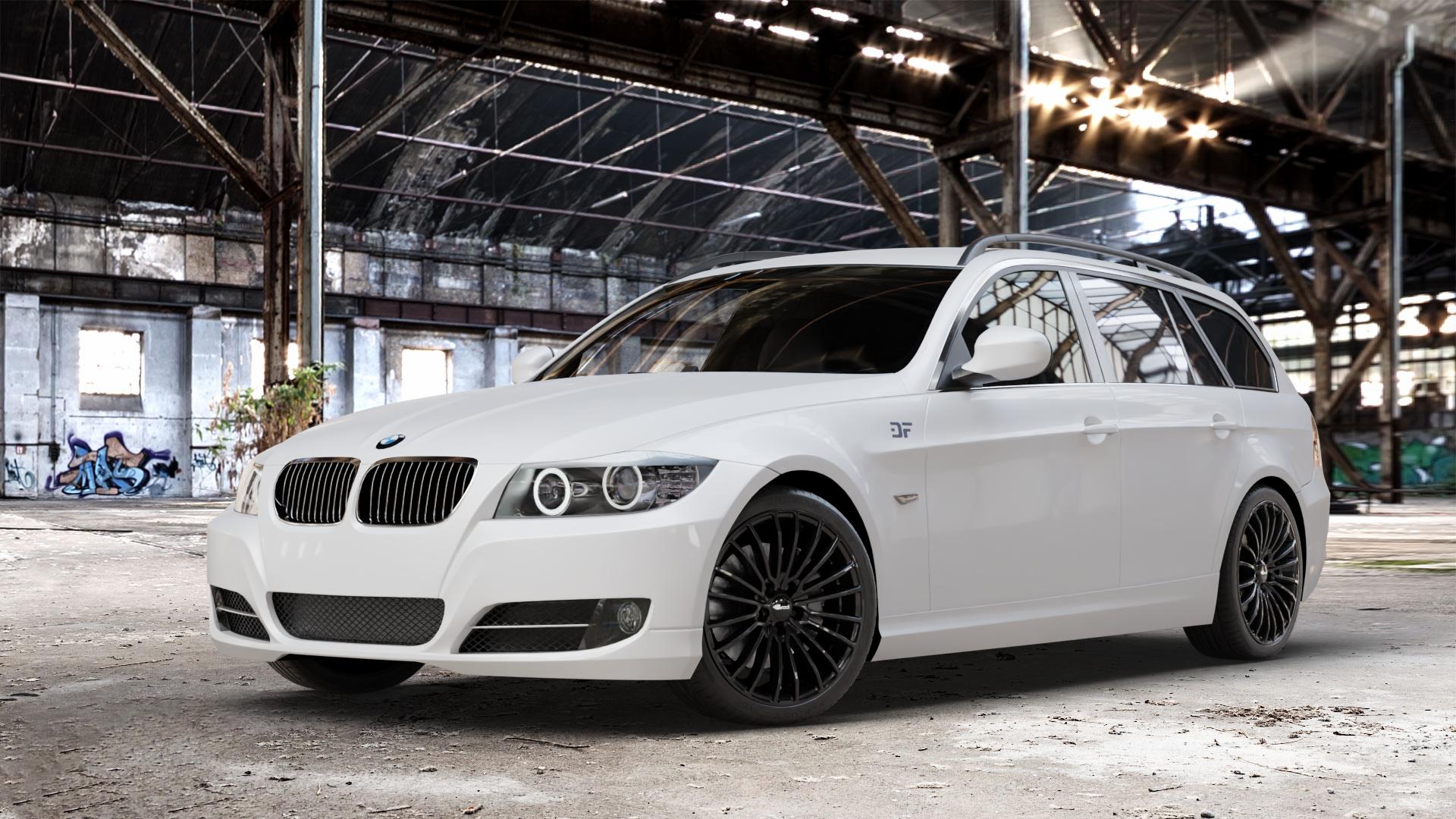 Brock B24 schwarz lackiert Felge mit Reifen in 18Zoll Winterfelge Alufelge auf weissem BMW 318i Typ E91 (Touring) 320i 325i 330i 320d 330d 318d 325xi 330xi 335i 335d 325d 330xd 335xi 320xd 316d 316i 3er Touring (390L, 390X, 3K, 3K-N1) ⬇️ mit 15mm Tieferlegung ⬇️ Old Industrial Hall_max_4400mm_2024 Frontansicht_1