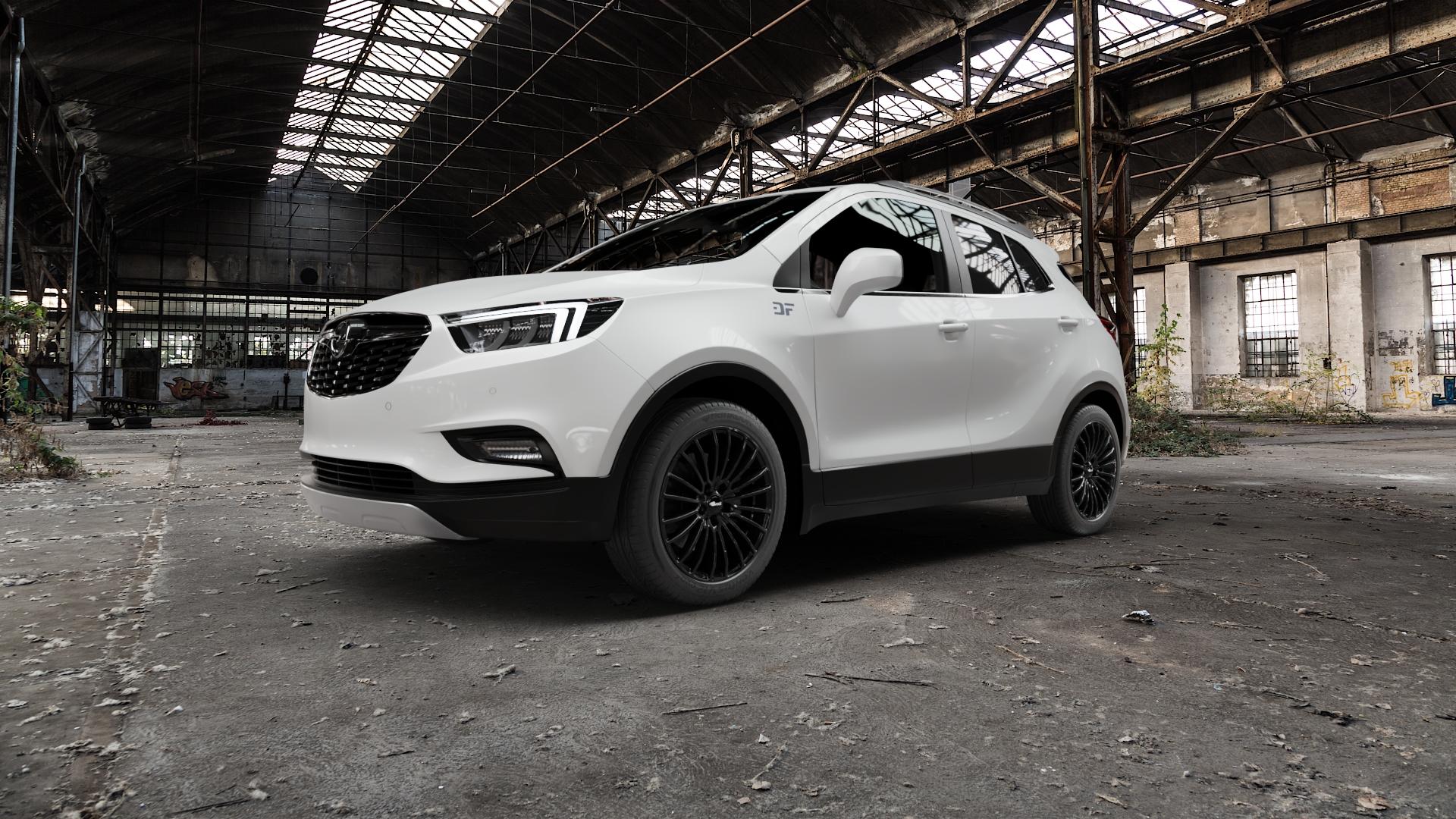 Brock B24 schwarz lackiert Felge mit Reifen in 18Zoll Winterfelge Alufelge auf weissem Opel Mokka X Typ J-A ⬇️ mit 15mm Tieferlegung ⬇️ Old Industrial Hall_max5000mm_2022 Frontansicht_1