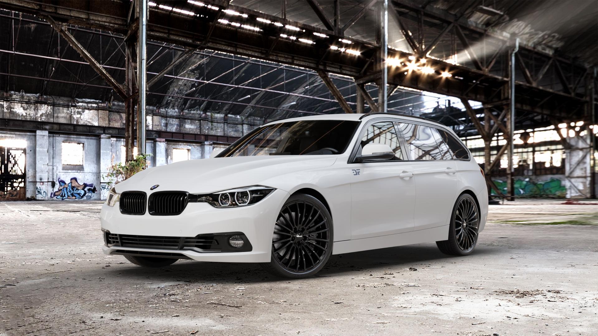 Brock B24 schwarz lackiert Felge mit Reifen in 20Zoll Winterfelge Alufelge auf weissem BMW 330d Typ F31 (Touring) xDrive 318i 330i 340i 3er Touring (3K, 3K-N1) ⬇️ mit 15mm Tieferlegung ⬇️ Old Industrial Hall_max_5300mm_2024 Frontansicht_1