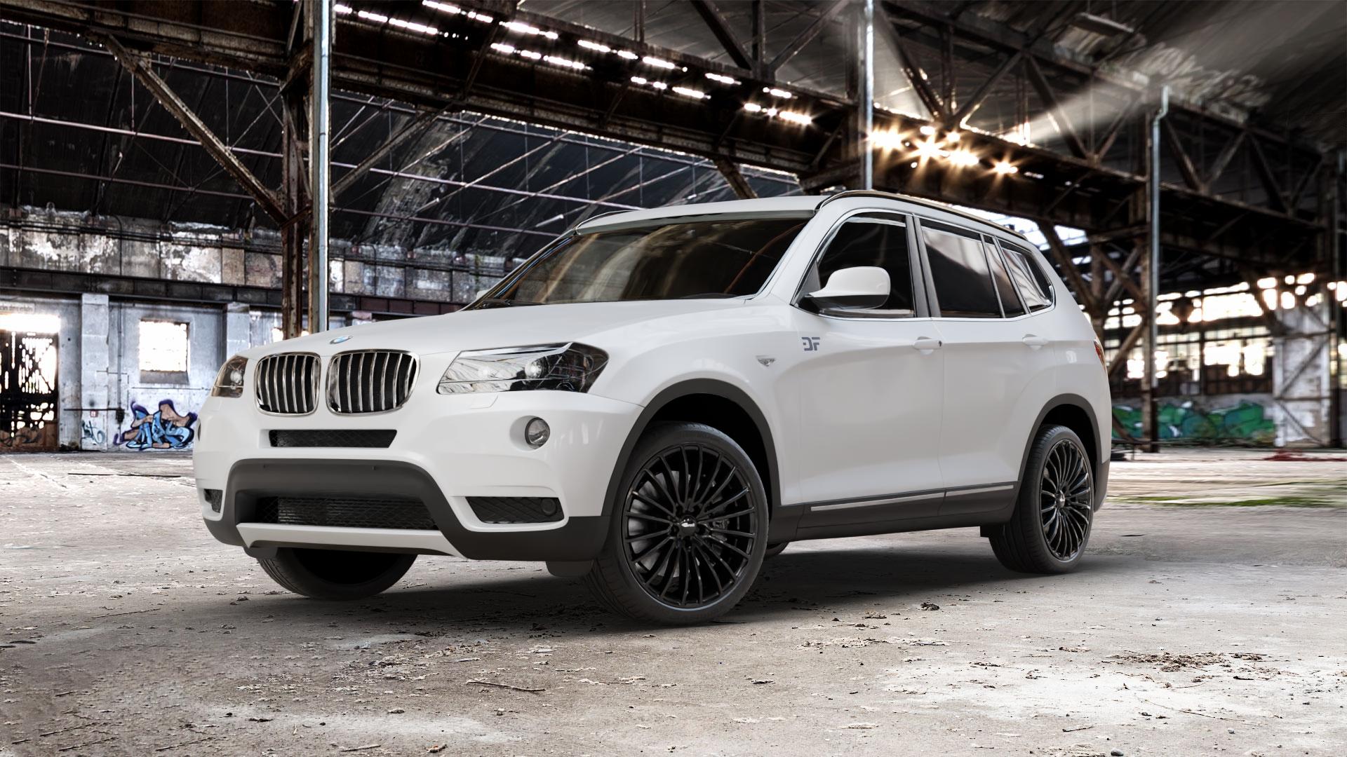 Brock B24 schwarz lackiert Felge mit Reifen in 20Zoll Winterfelge Alufelge auf weissem BMW X3 Typ F25 (X3, X-N1) ⬇️ mit 15mm Tieferlegung ⬇️ Old Industrial Hall_max_5300mm_2024 Frontansicht_1