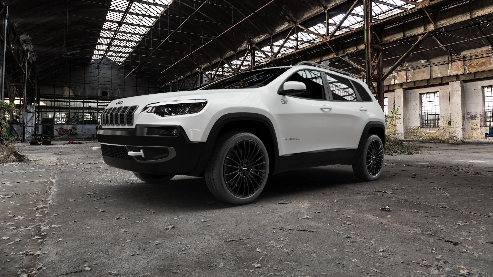 Brock B24 schwarz lackiert Felge mit Reifen in 20Zoll Winterfelge Alufelge auf weissem Jeep Cherokee Typ KL Facelift ⬇️ mit 15mm Tieferlegung ⬇️ Old Industrial Hall_max5000mm_2022 Frontansicht_1