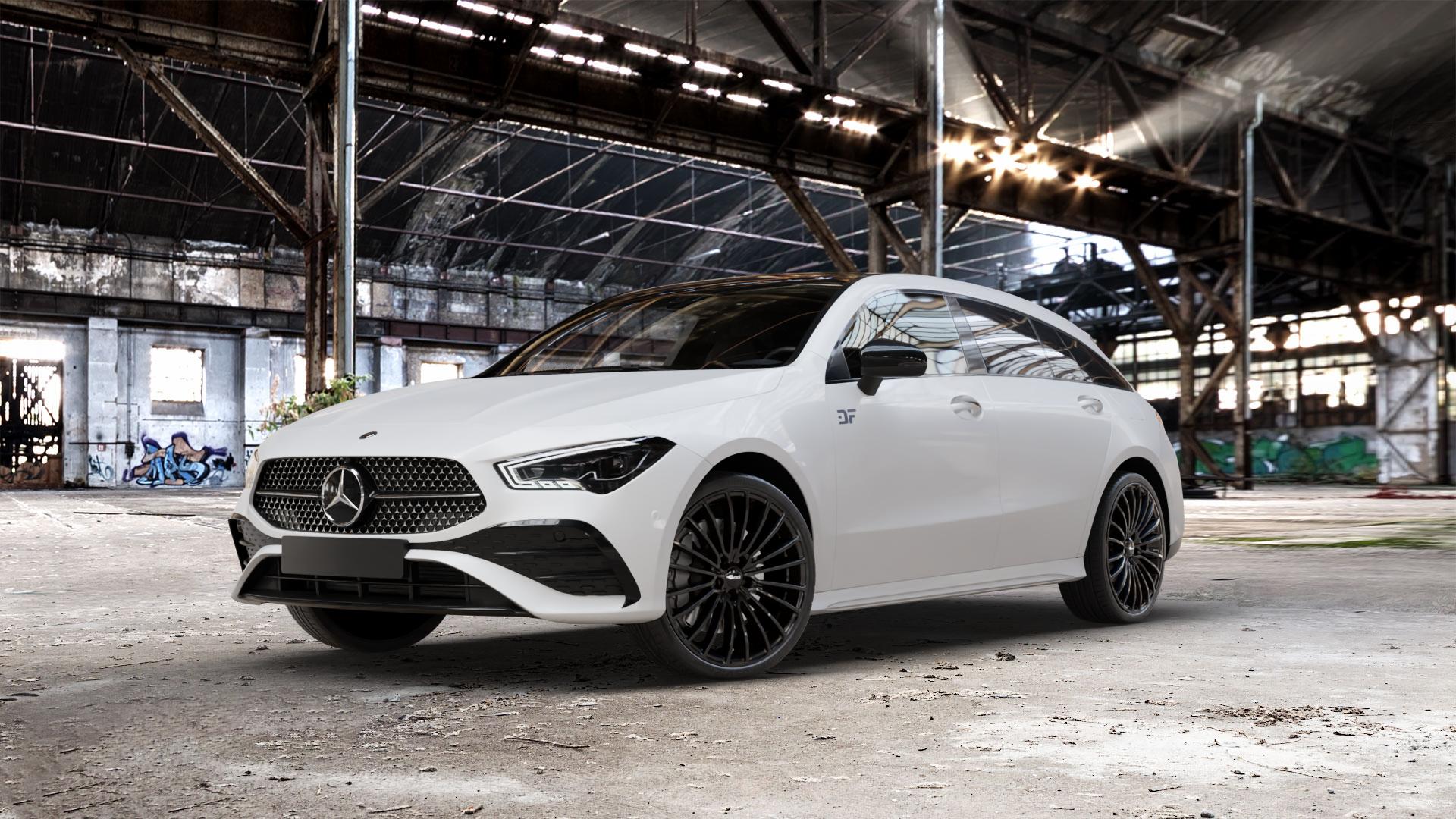 Brock B24 schwarz lackiert Felge mit Reifen in 20Zoll Winterfelge Alufelge auf weissem Mercedes CLA-Klasse II Shooting Brake Typ C118 (F2CLA) Facelift ⬇️ mit 15mm Tieferlegung ⬇️ Old Industrial Hall_max_5300mm_2024 Frontansicht_1