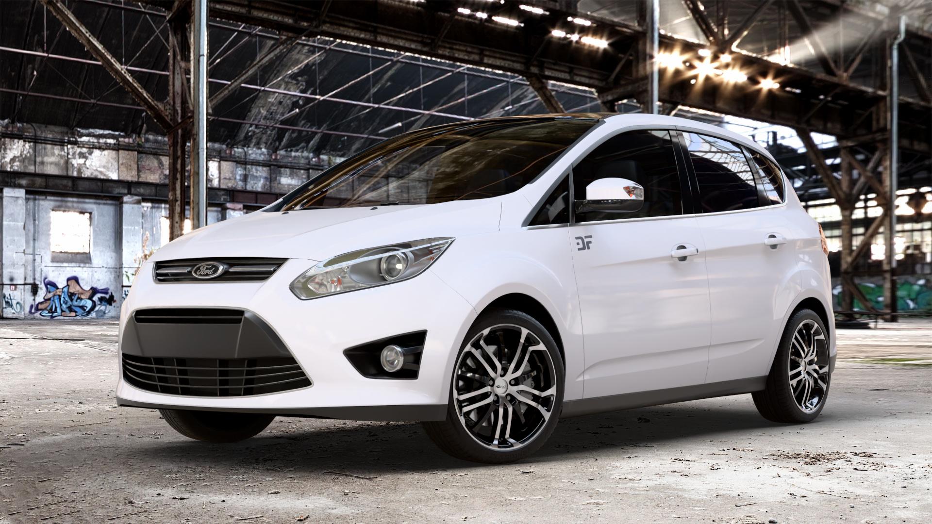 Brock B26 schwarz front-poliert Felge mit Reifen silber mehrfarbig in 18Zoll Alufelge auf weissem Ford C-Max II Typ DXA (10->) ⬇️ mit 15mm Tieferlegung ⬇️ Old Industrial Hall_max_4400mm_2024 Frontansicht_1