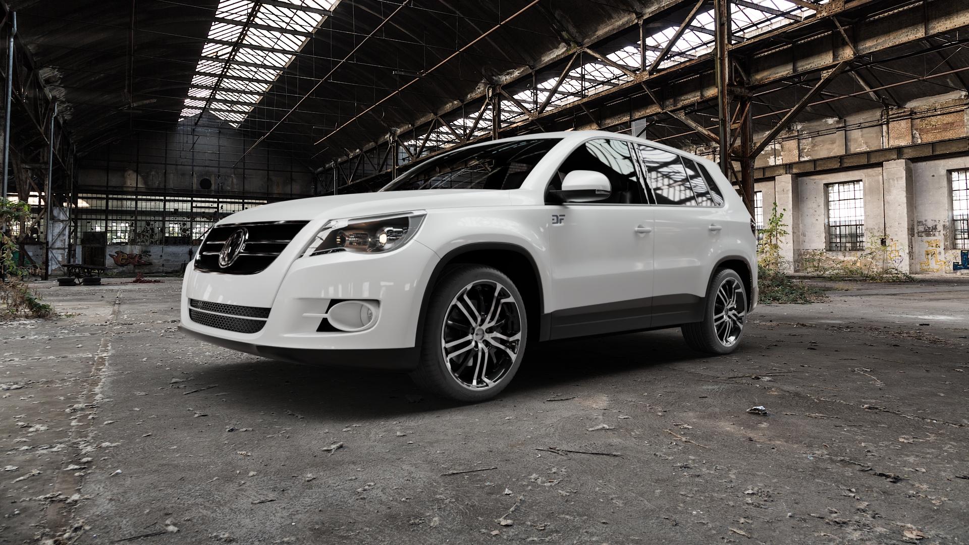 Brock B26 schwarz front-poliert Felge mit Reifen silber mehrfarbig in 19Zoll Alufelge auf weissem Volkswagen (VW) Tiguan I Typ 5N 1,4l TSI 110kW (150 PS) 2,0l TDI 4Motion 125kW (170 TFSI 147kW (200 90kW (122 ⬇️ mit 15mm Tieferlegung ⬇️ Old Industrial Hall_max5000mm_2022 Frontansicht_1