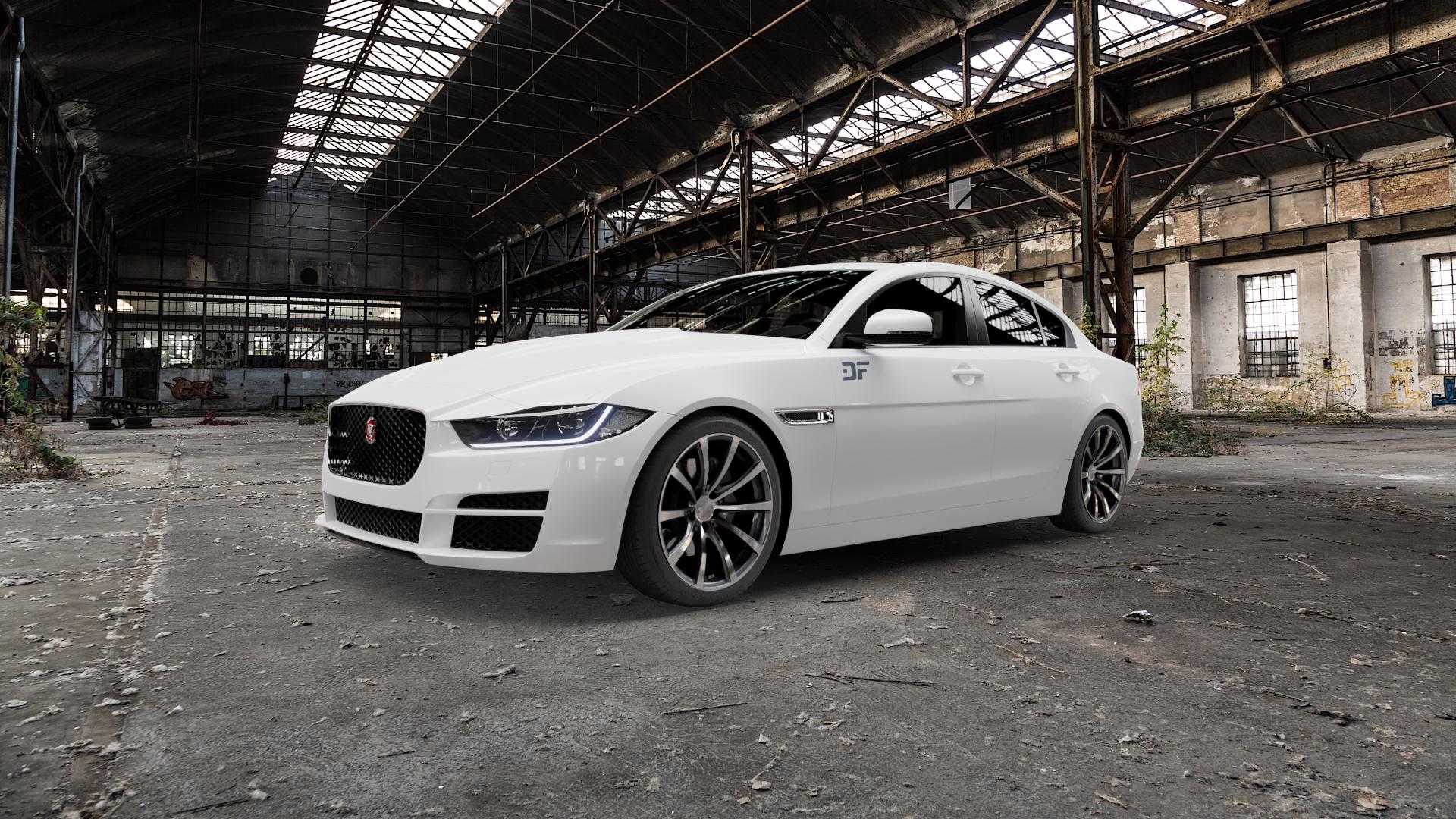 Brock B32 himalaya-grey front-poliert Felge mit Reifen grau silber mehrfarbig in 18Zoll Alufelge auf weissem Jaguar XE Typ JA ⬇️ mit 15mm Tieferlegung ⬇️ Old Industrial Hall_max5000mm_2022 Frontansicht_1