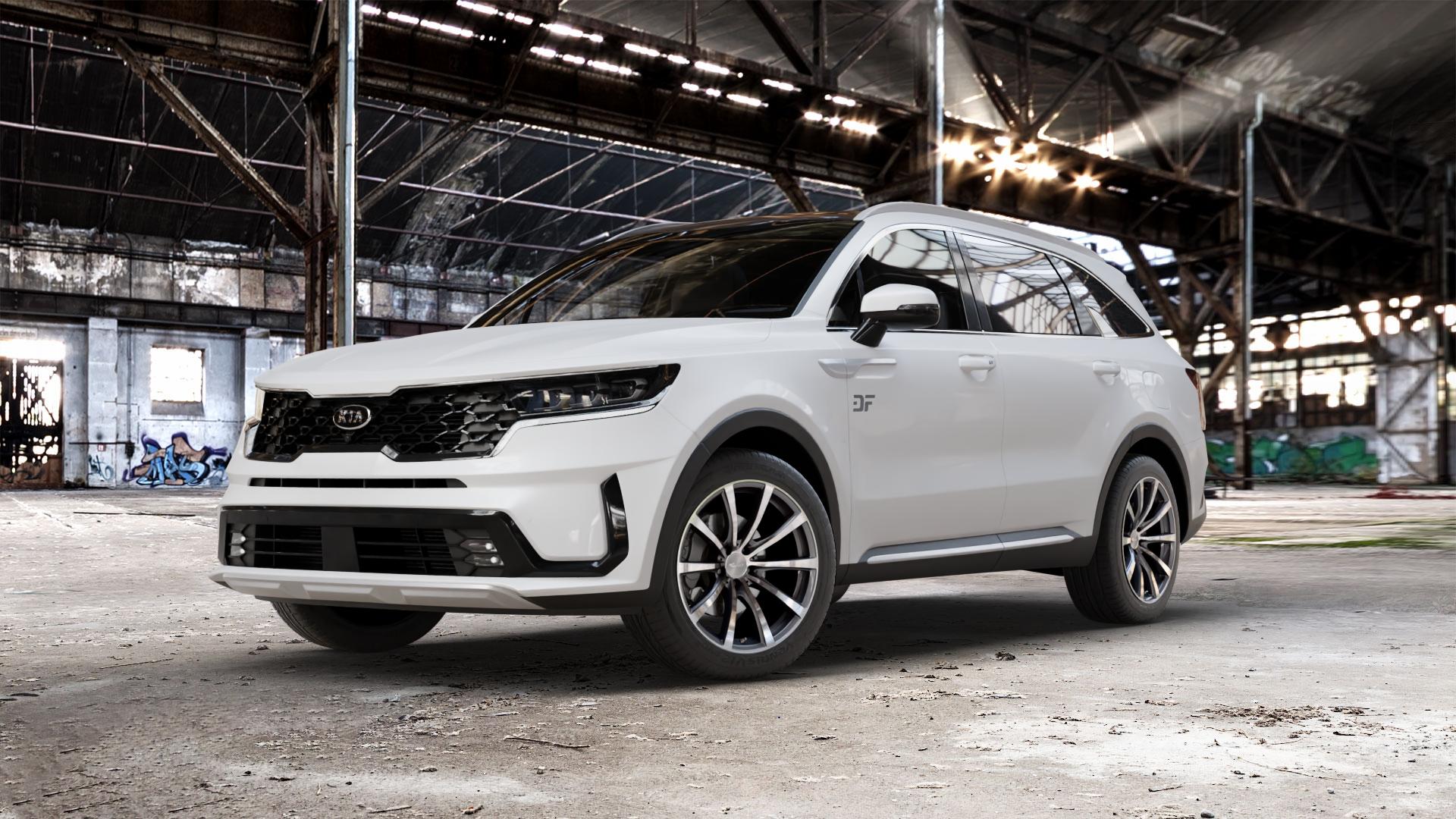 Brock B32 himalaya-grey front-poliert Felge mit Reifen grau silber mehrfarbig in 19Zoll Alufelge auf weissem Kia Sorento IV Typ MQ4 ⬇️ mit 15mm Tieferlegung ⬇️ Old Industrial Hall_max_5300mm_2024 Frontansicht_1