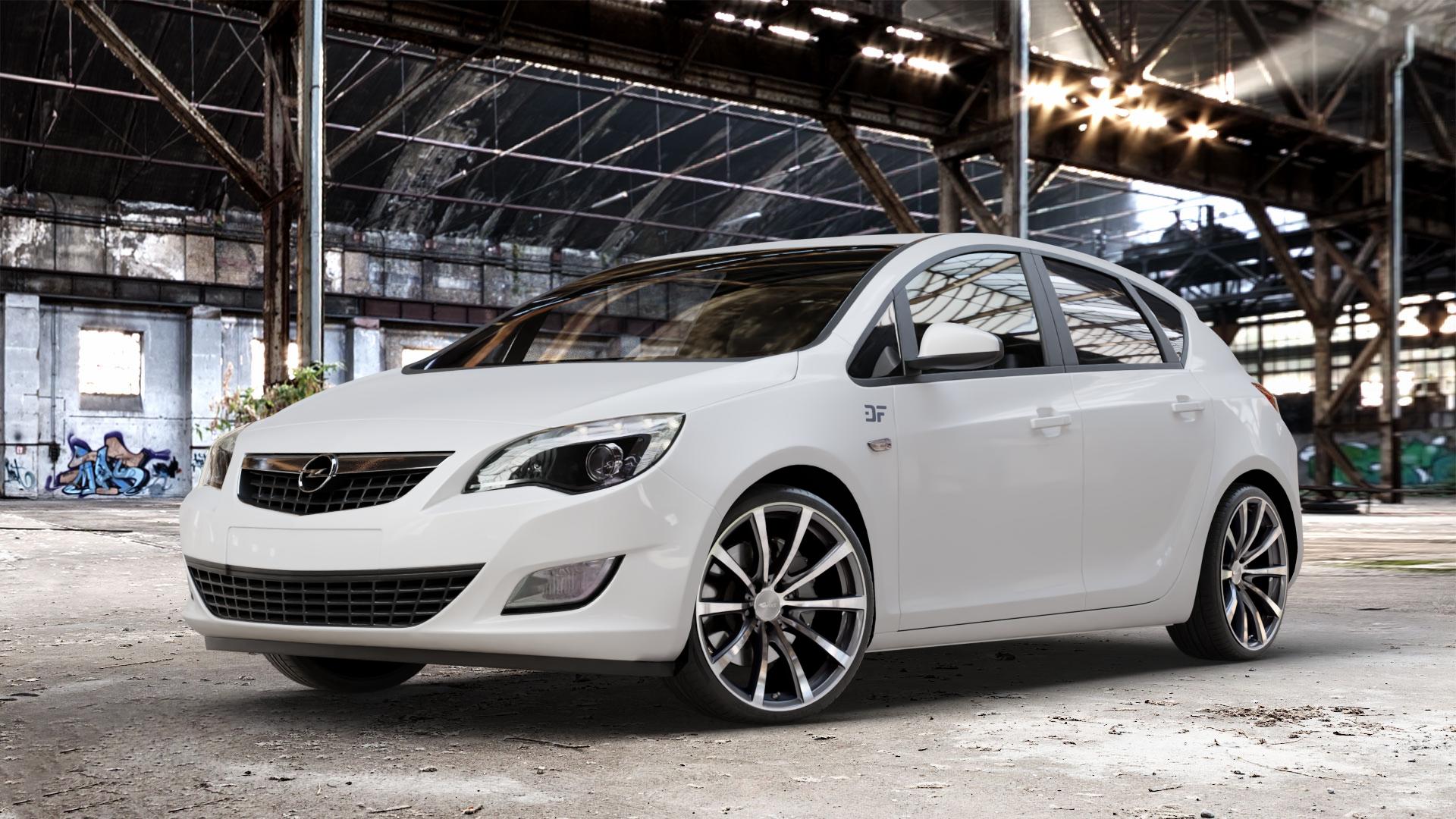 Brock B32 himalaya-grey front-poliert Felge mit Reifen grau silber mehrfarbig in 19Zoll Alufelge auf weissem Opel Astra J Typ P-J Stufenheck ⬇️ mit 15mm Tieferlegung ⬇️ Old Industrial Hall_max_4400mm_2024 Frontansicht_1