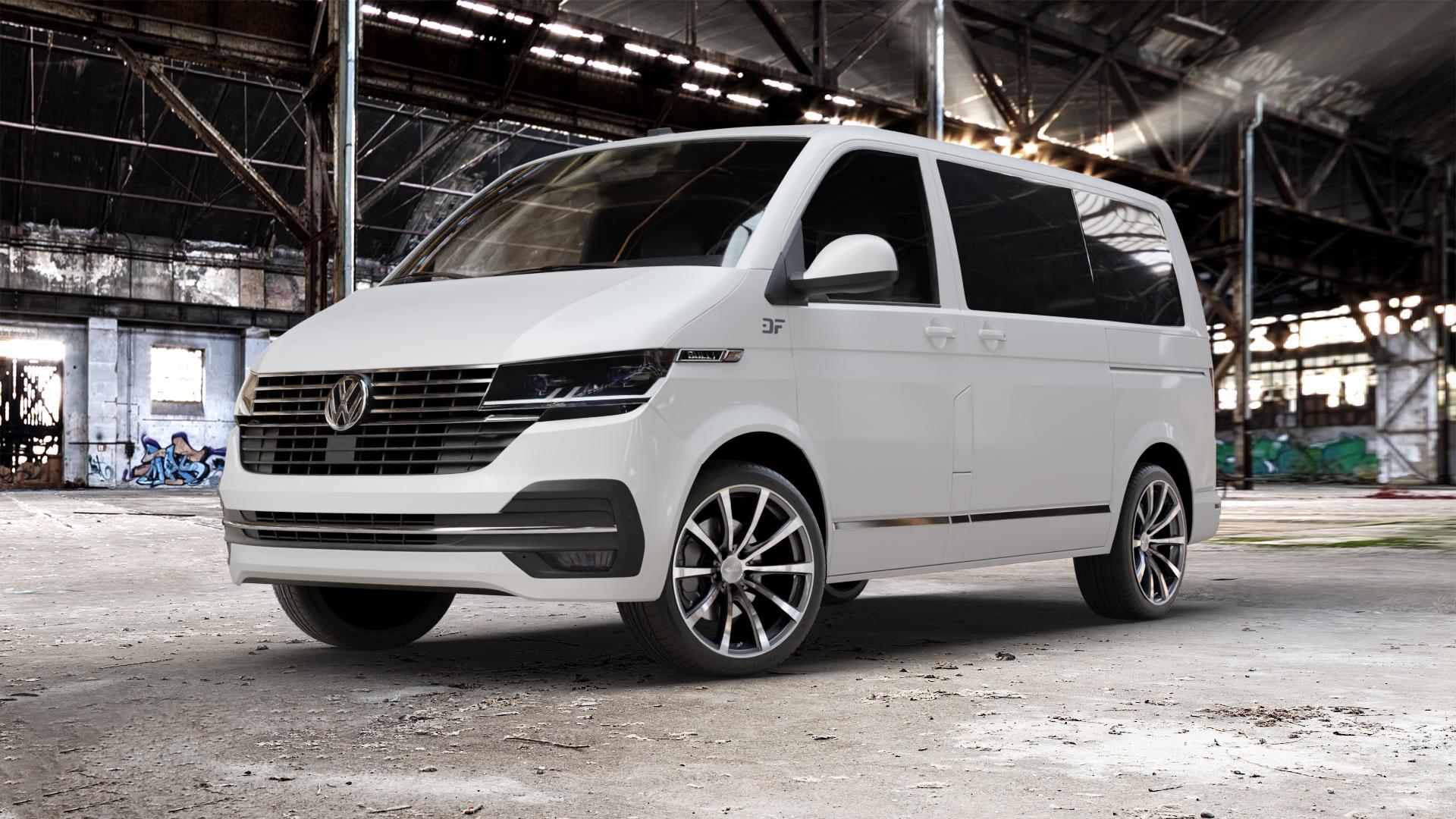 Brock B32 himalaya-grey front-poliert Felge mit Reifen grau silber mehrfarbig in 19Zoll Alufelge auf weissem Volkswagen (VW) T6.1 Kombi Multivan ⬇️ mit 15mm Tieferlegung ⬇️ Old Industrial Hall_max_5300mm_2024 Frontansicht_1