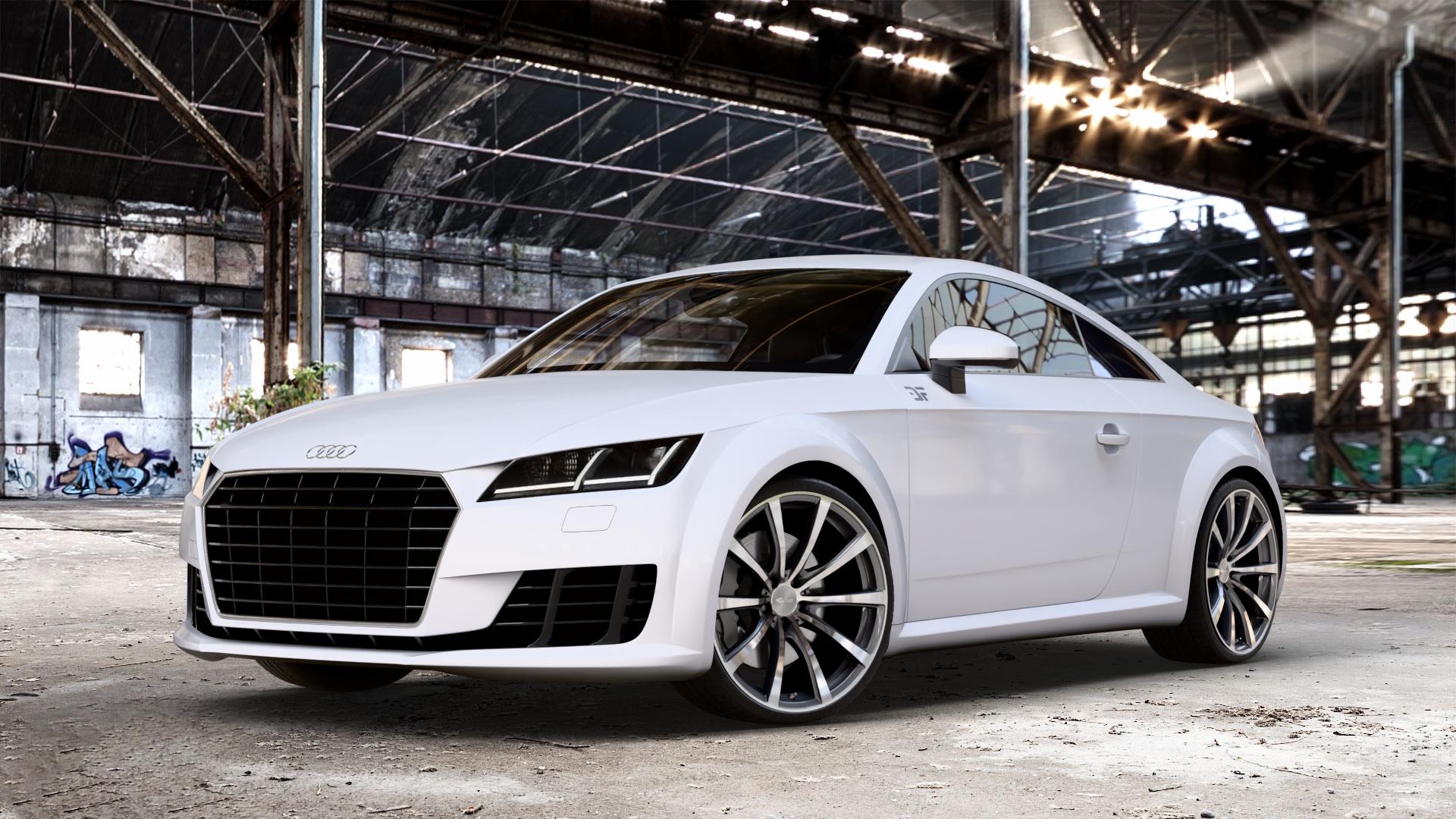Brock B32 himalaya-grey front-poliert Felge mit Reifen grau silber mehrfarbig in 20Zoll Alufelge auf weissem Audi TT III Typ 8S (Coupé) (Roadster) ⬇️ mit 15mm Tieferlegung ⬇️ Old Industrial Hall_max_4400mm_2024 Frontansicht_1
