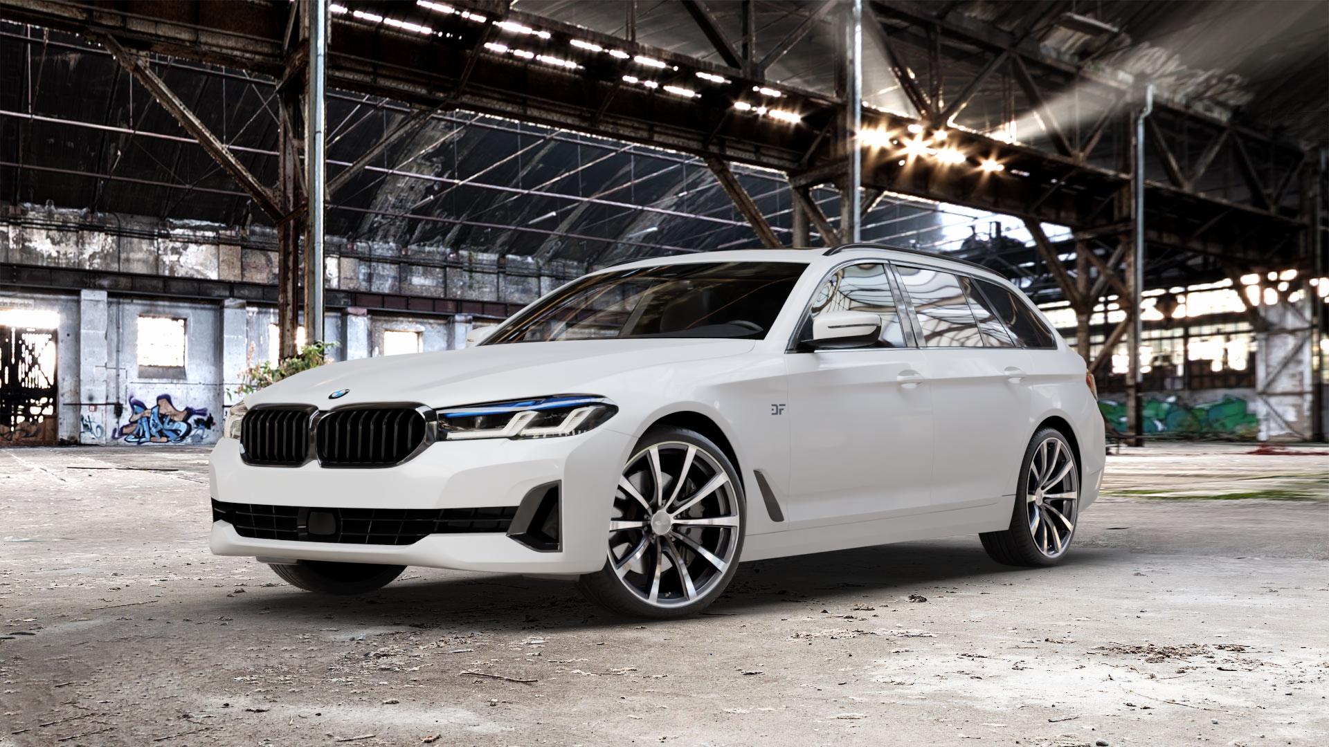 Brock B32 himalaya-grey front-poliert Felge mit Reifen grau silber mehrfarbig in 20Zoll Alufelge auf weissem BMW 5er G31 Touring (G5K) Facelift ⬇️ mit 15mm Tieferlegung ⬇️ Old Industrial Hall_max_5300mm_2024 Frontansicht_1