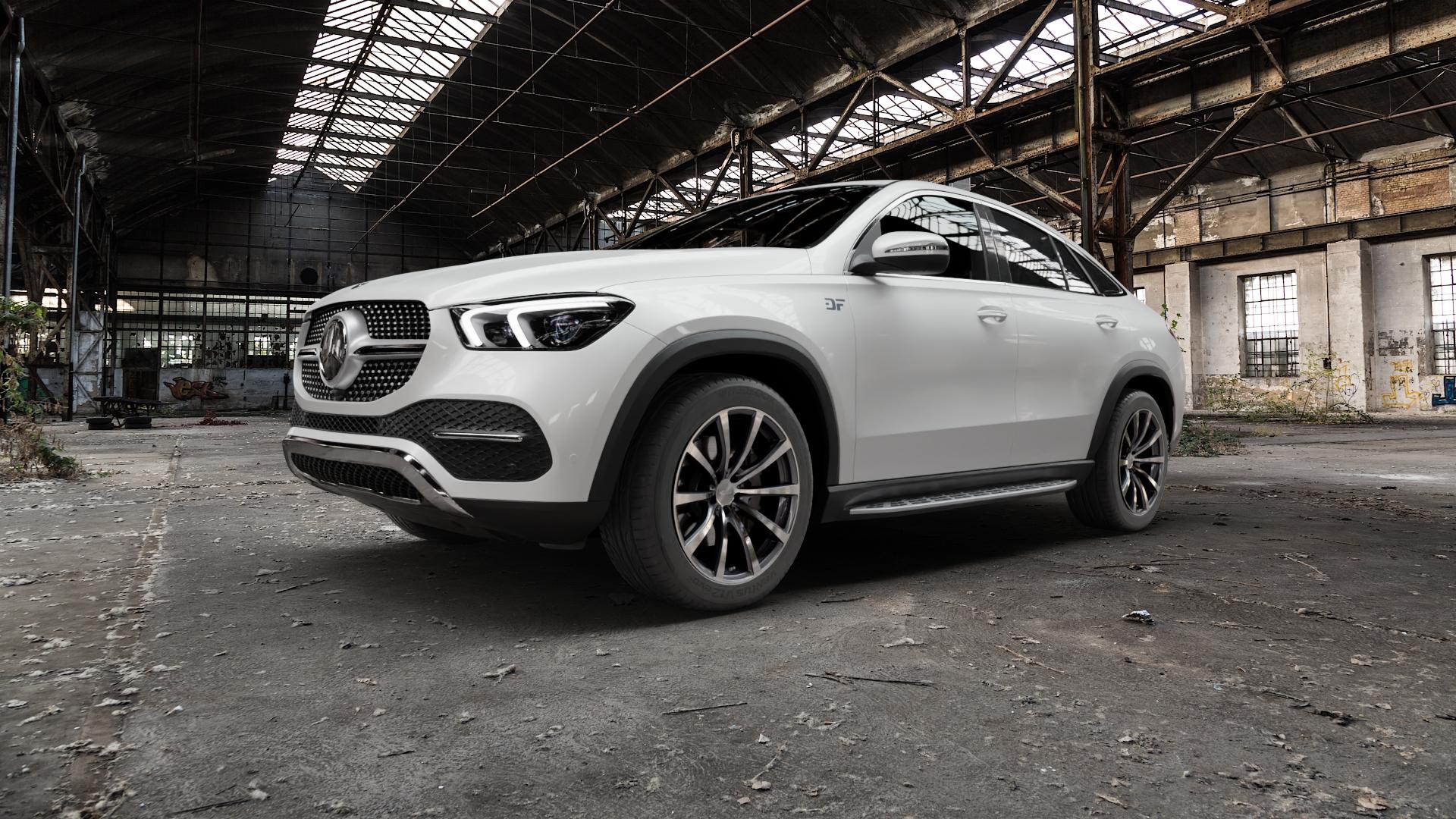 Brock B32 himalaya-grey front-poliert Felge mit Reifen grau silber mehrfarbig in 20Zoll Alufelge auf weissem Mercedes GLE-Klasse Coupe Typ V167 (H1GLE) ⬇️ mit 15mm Tieferlegung ⬇️ Old Industrial Hall_max5000mm_2022 Frontansicht_1