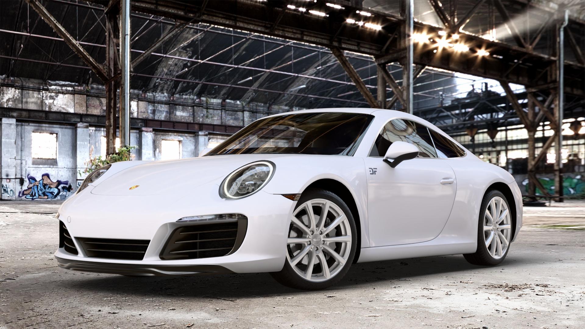 Brock B32 kristallsilber lackiert Felge mit Reifen in 19Zoll Winterfelge Alufelge auf weissem Porsche 911 Typ 991 Cabriolet Facelift ⬇️ mit 15mm Tieferlegung ⬇️ Old Industrial Hall_max_4400mm_2024 Frontansicht_1
