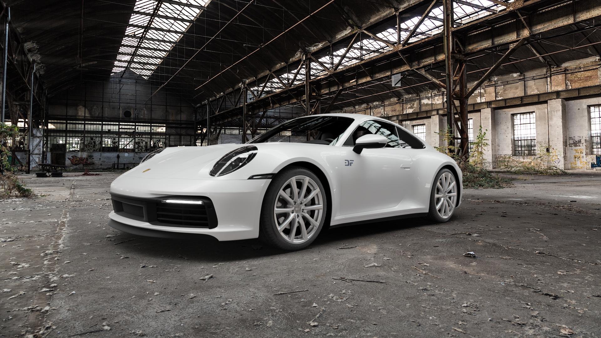 Brock B32 kristallsilber lackiert Felge mit Reifen in 19Zoll Winterfelge Alufelge auf weissem Porsche 911 Typ 992 Cabriolet 992TR Targa Facelift ⬇️ mit 15mm Tieferlegung ⬇️ Old Industrial Hall_max5000mm_2022 Frontansicht_1