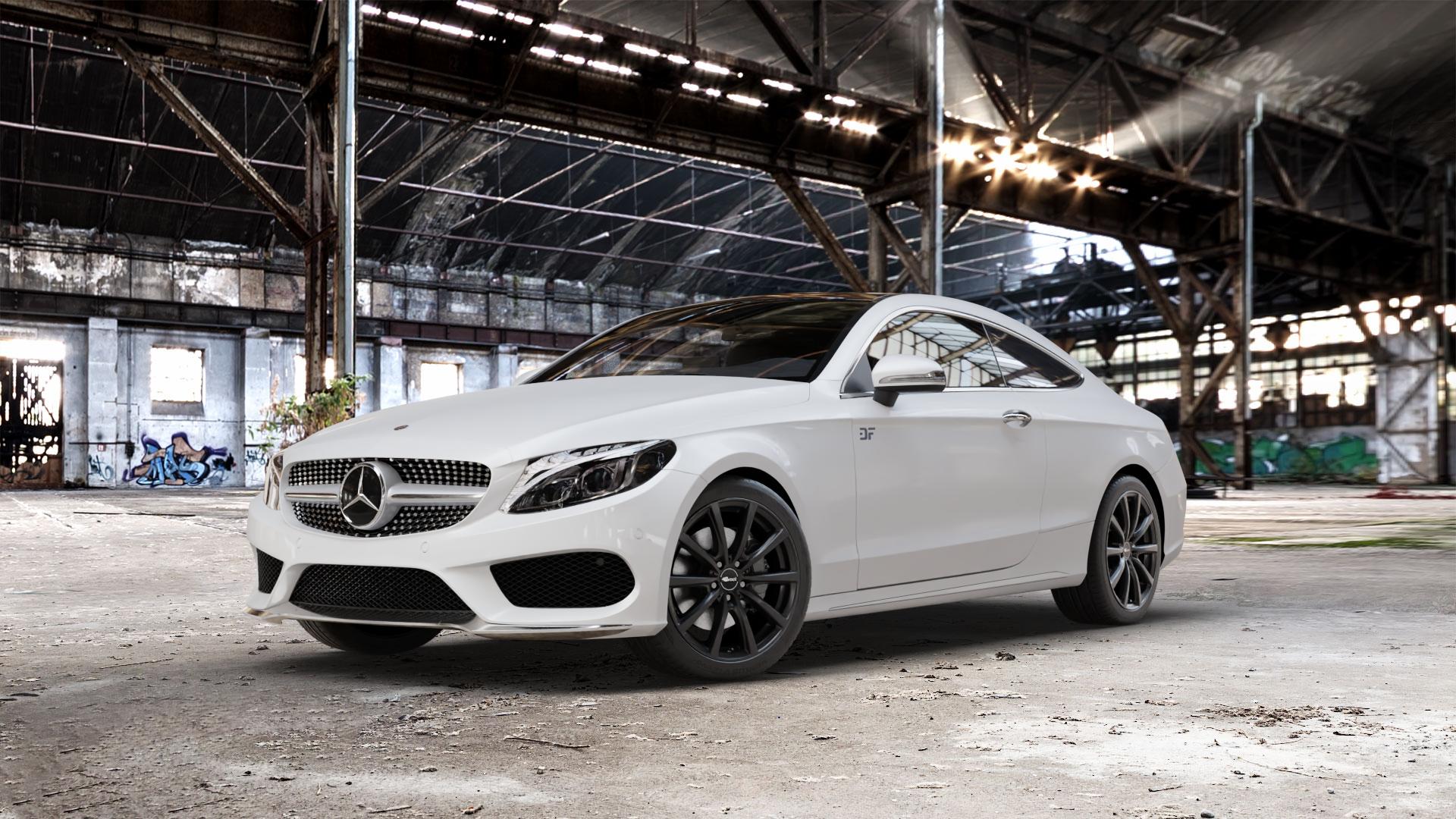 Brock B32 schwarz-matt lackiert Felge mit Reifen in 18Zoll Winterfelge Alufelge auf weissem Mercedes C-Klasse Typ C205 Coupe Facelift ⬇️ mit 15mm Tieferlegung ⬇️ Old Industrial Hall_max_5300mm_2024 Frontansicht_1