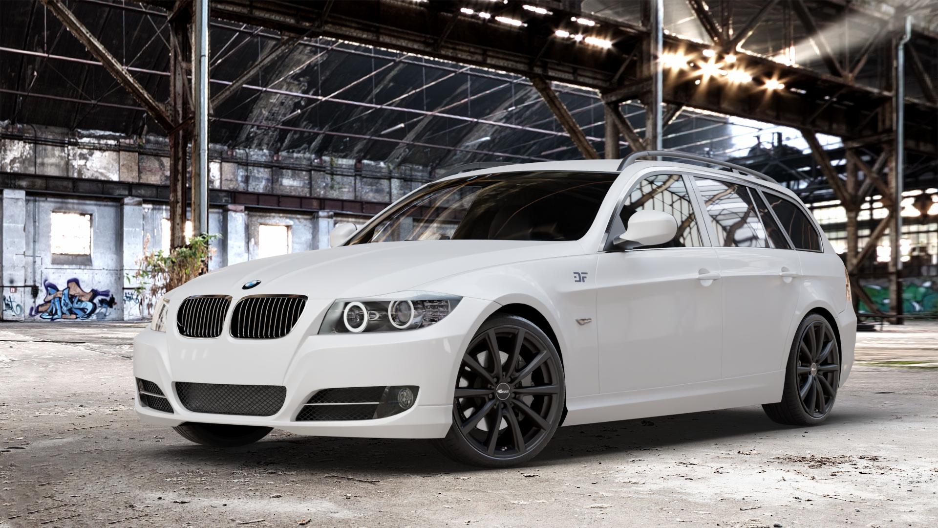 Brock B32 schwarz-matt lackiert Felge mit Reifen in 19Zoll Winterfelge Alufelge auf weissem BMW 318i Typ E91 (Touring) 320i 325i 330i 320d 330d 318d 325xi 330xi 335i 335d 325d 330xd 335xi 320xd 316d 316i 3er Touring (390L, 390X, 3K, 3K-N1) ⬇️ mit 15mm Tieferlegung ⬇️ Old Industrial Hall_max_4400mm_2024 Frontansicht_1