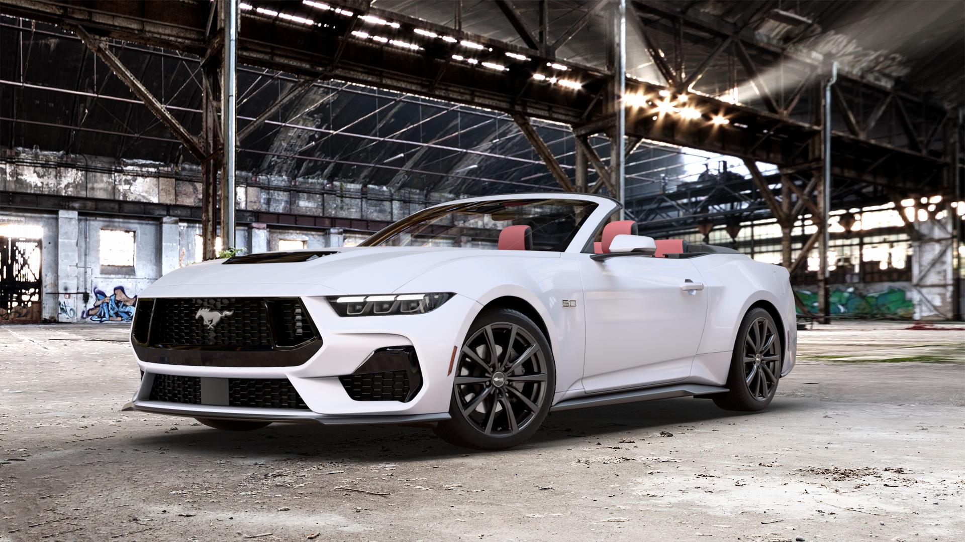 Brock B32 schwarz-matt lackiert Felge mit Reifen in 19Zoll Winterfelge Alufelge auf weißem Ford Mustang VII Cabrio Typ LAE ⬇️ mit 15mm Tieferlegung ⬇️ Old Industrial Hall_max_5300mm_2024 Frontansicht_1